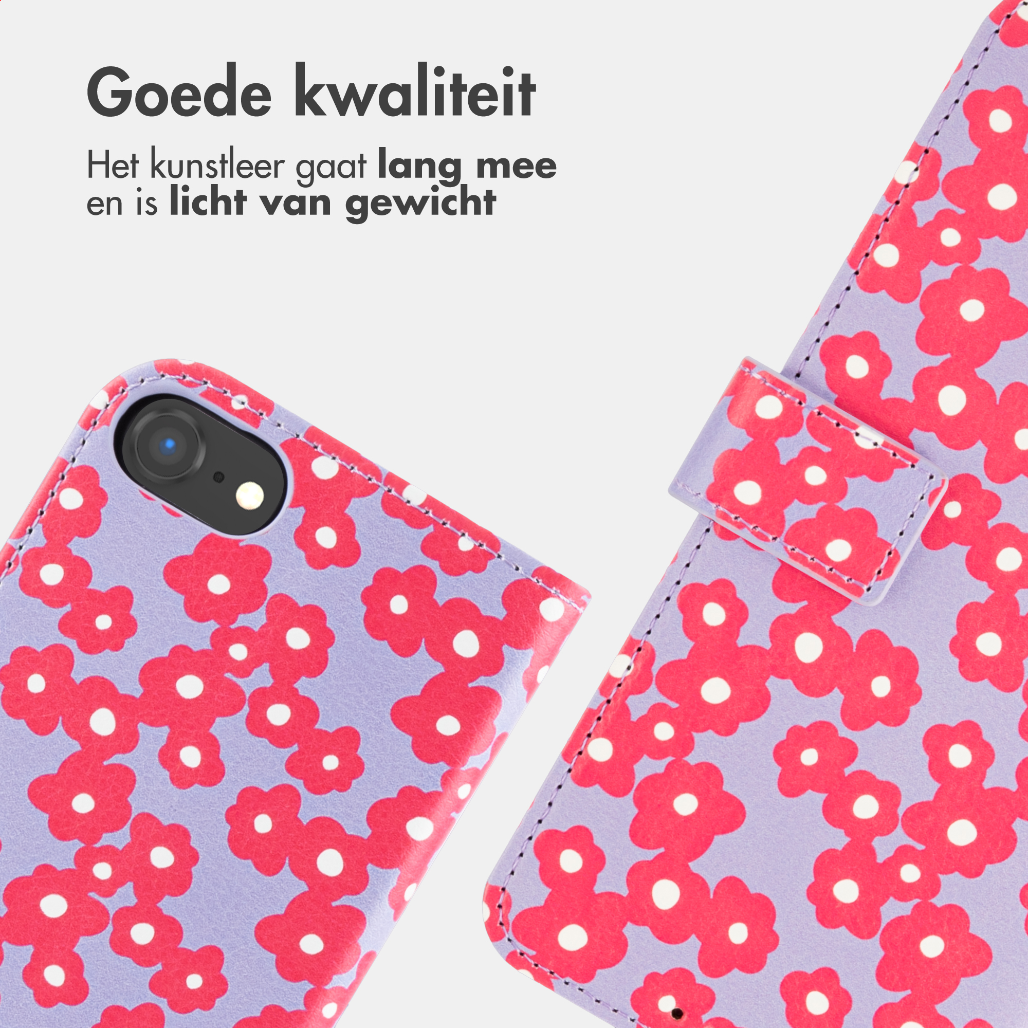 Paars telefoonhoesje met rode bloemen en witte middenstippen. Open, camera zichtbaar.