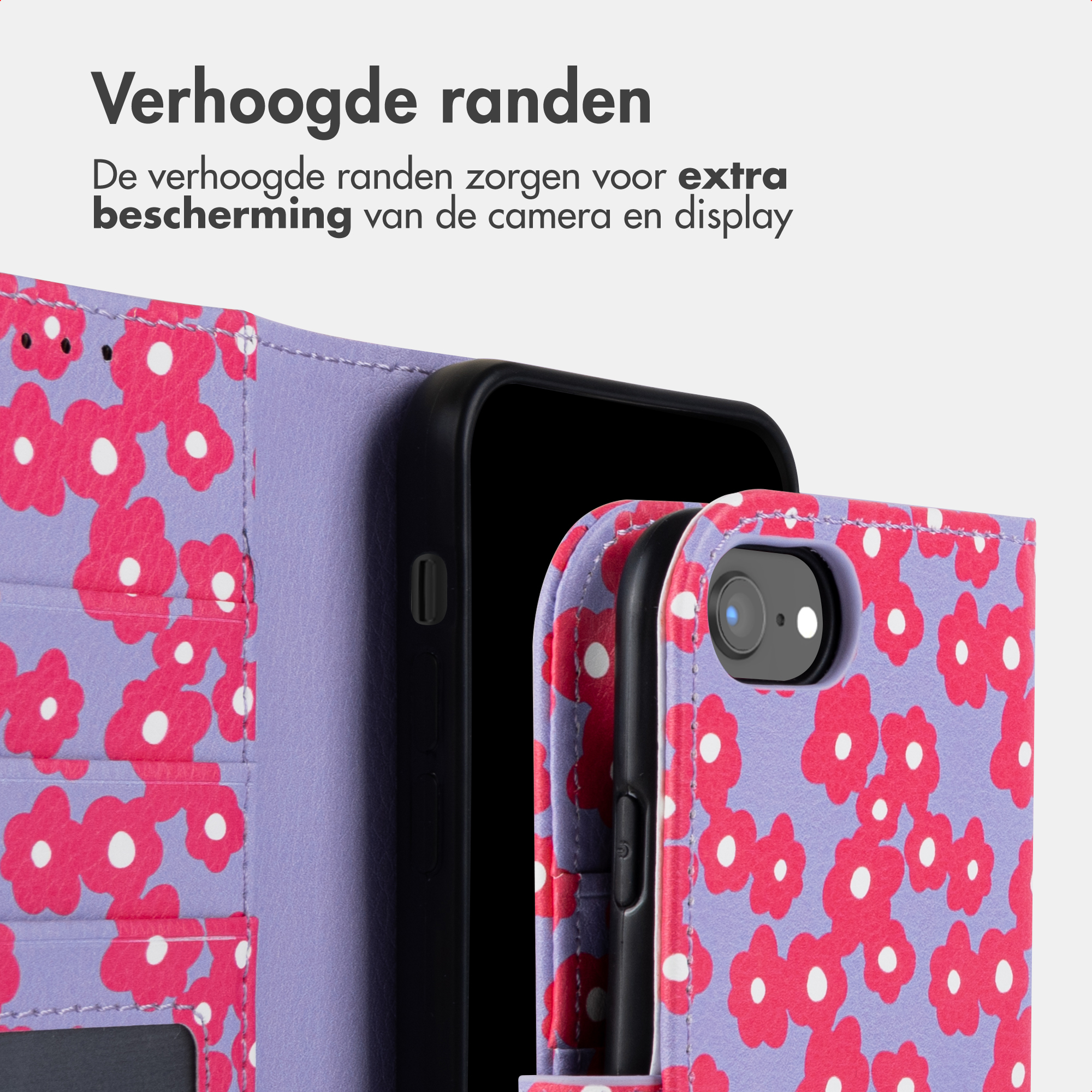 Paarse telefoonhoes met roze bloemenpatroon. Toont verhoogde randen.