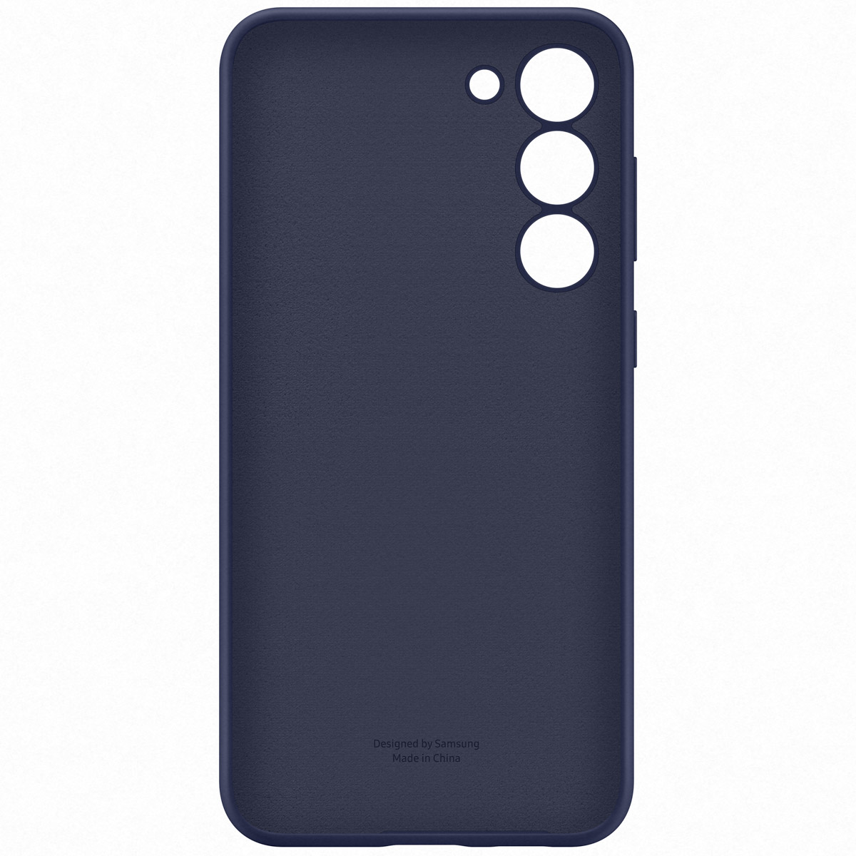 Funda azul oscuro para teléfono con recortes de cámara y logo Samsung.