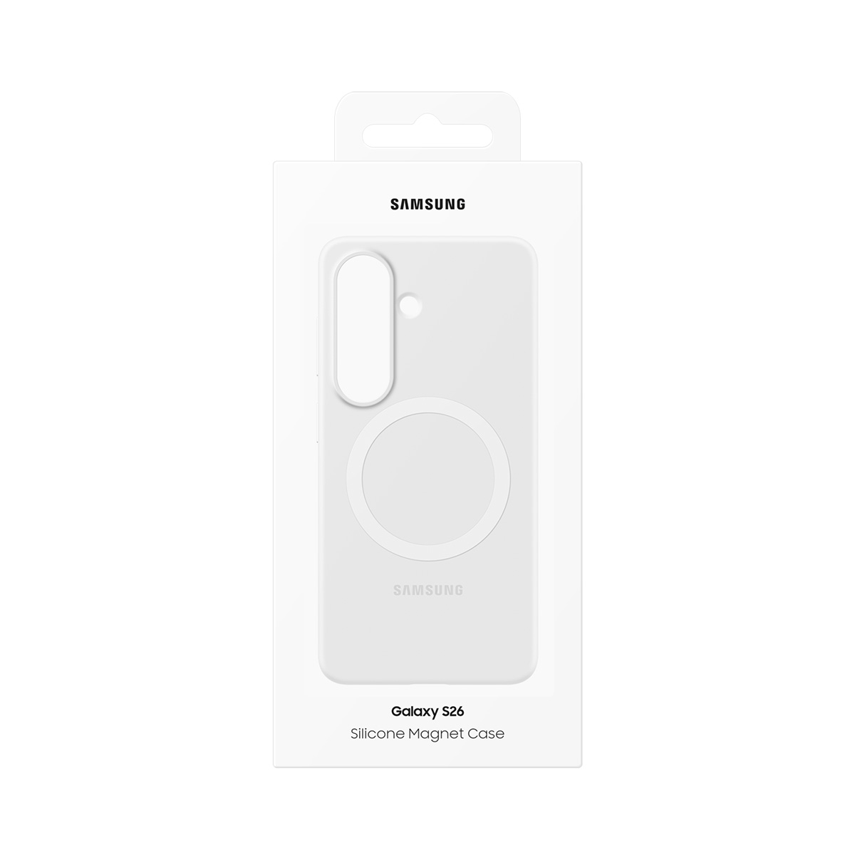 Verpackung für eine weiße Samsung Galaxy S26 Silikon-Magnet-Hülle.