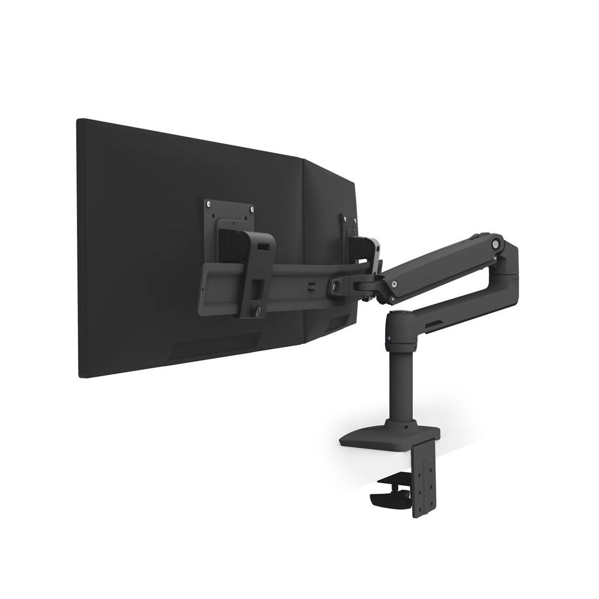 A black monitor arm with a monitor attached, clamped to a desk.
