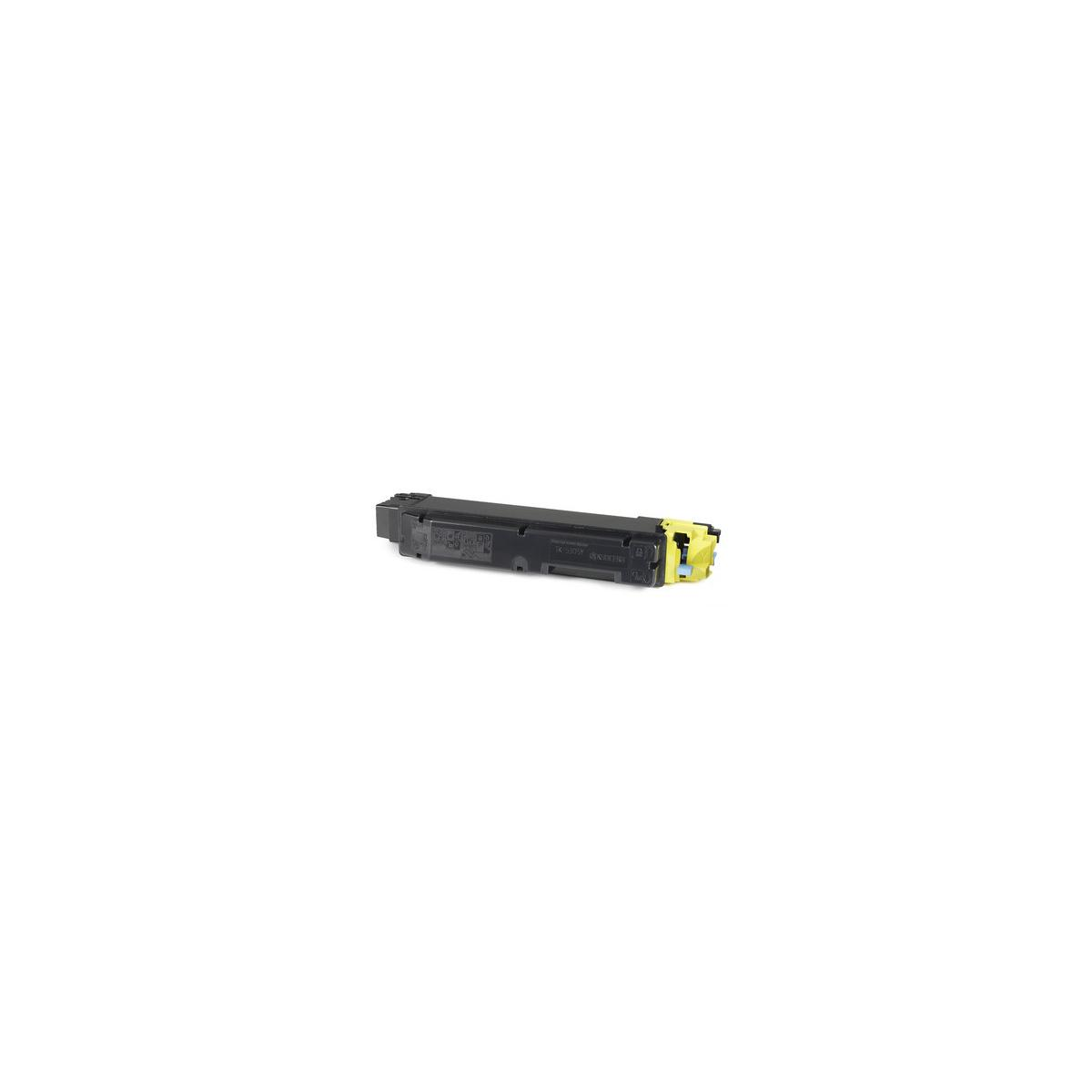 Zwarte tonercartridge met gele accenten, geïsoleerd op witte achtergrond.