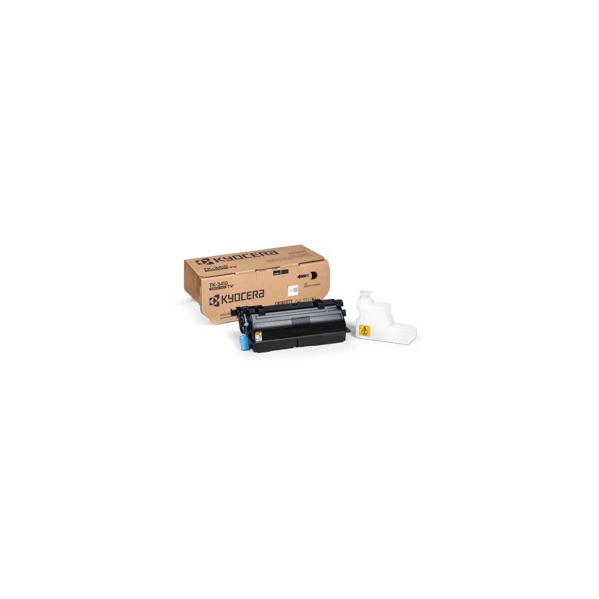 Kyocera tonercartridge met doos en witte container op witte achtergrond.