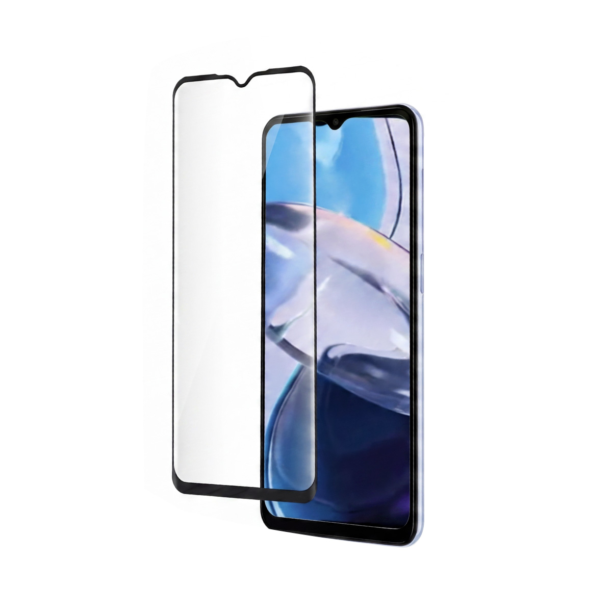 Una protezione per lo schermo è posizionata accanto a uno smartphone azzurro.