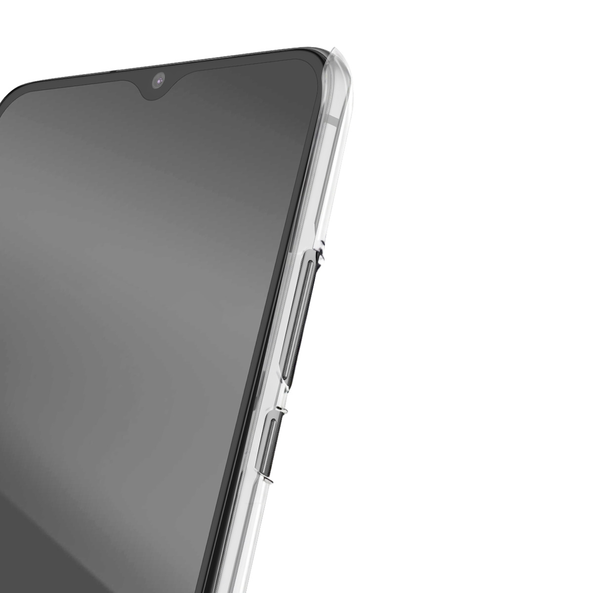 Primo piano di una custodia trasparente per telefono, che mostra parte dello schermo e dei pulsanti del volume.