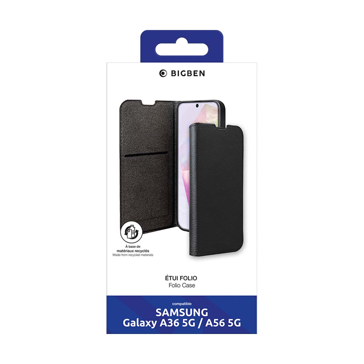 Confezione di una custodia folio nera Samsung Galaxy A36/A56 5G in materiale riciclato.