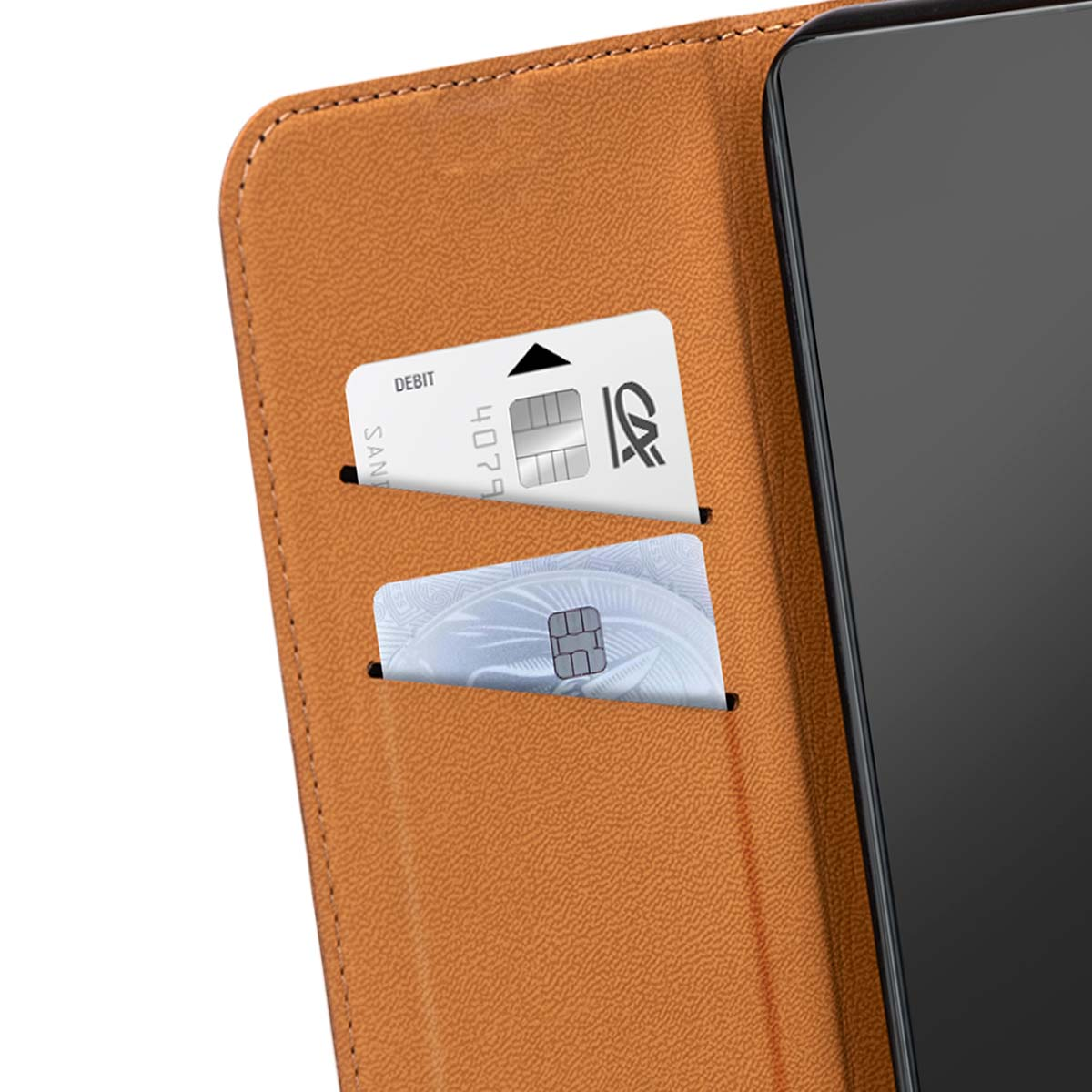 Custodia a portafoglio in pelle marrone per smartphone con due fessure per carte, una carta con 