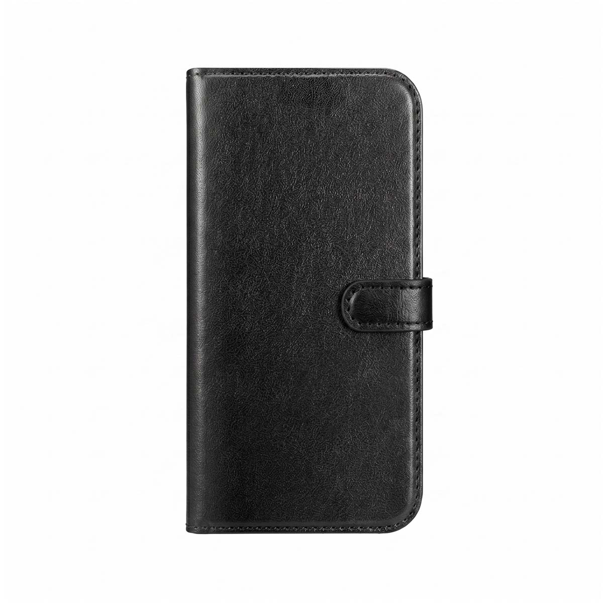 Custodia per telefono in pelle nera chiusa con chiusura a scatto.
