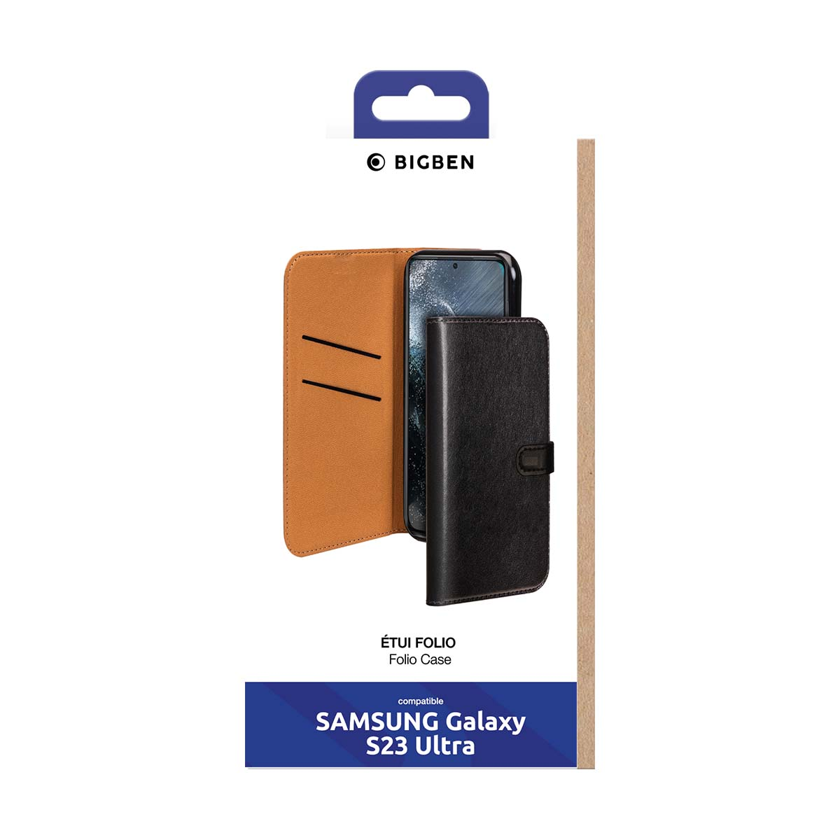 Custodia a libro marrone e nera per Samsung Galaxy S23 Ultra.