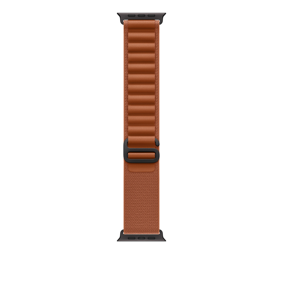 Cinturino marrone per Apple Watch con fibbia e connettori neri.