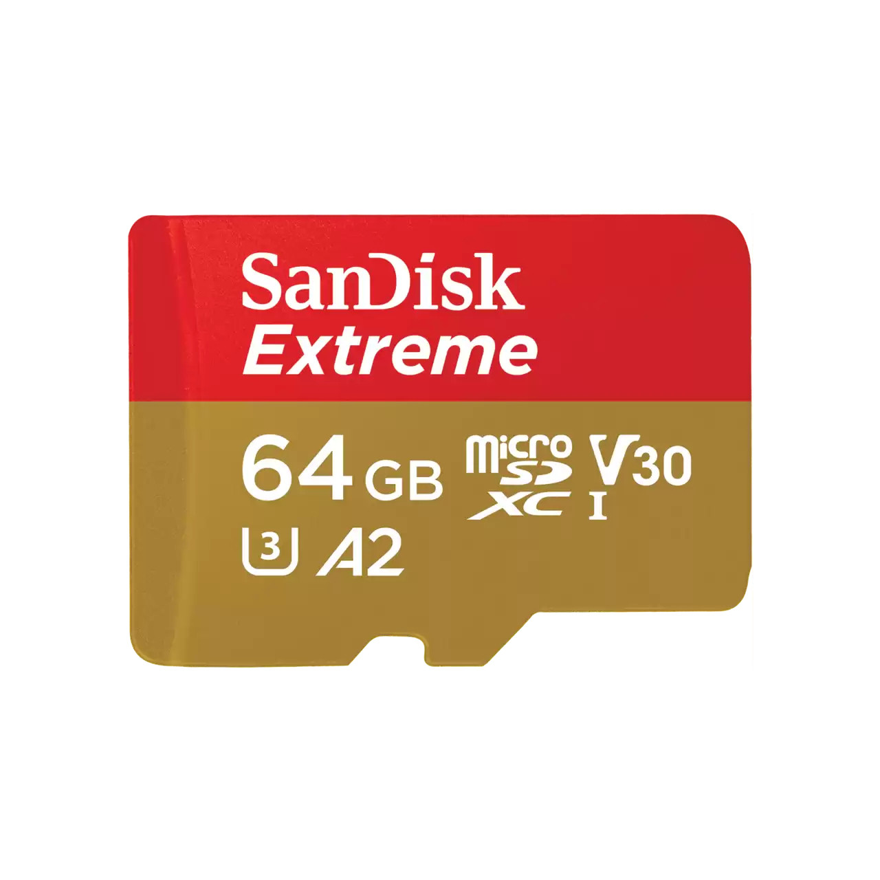 SanDisk Extreme 64 GB Micro SDXC Speicherkarte mit V30 und A2 Kennzeichnung.