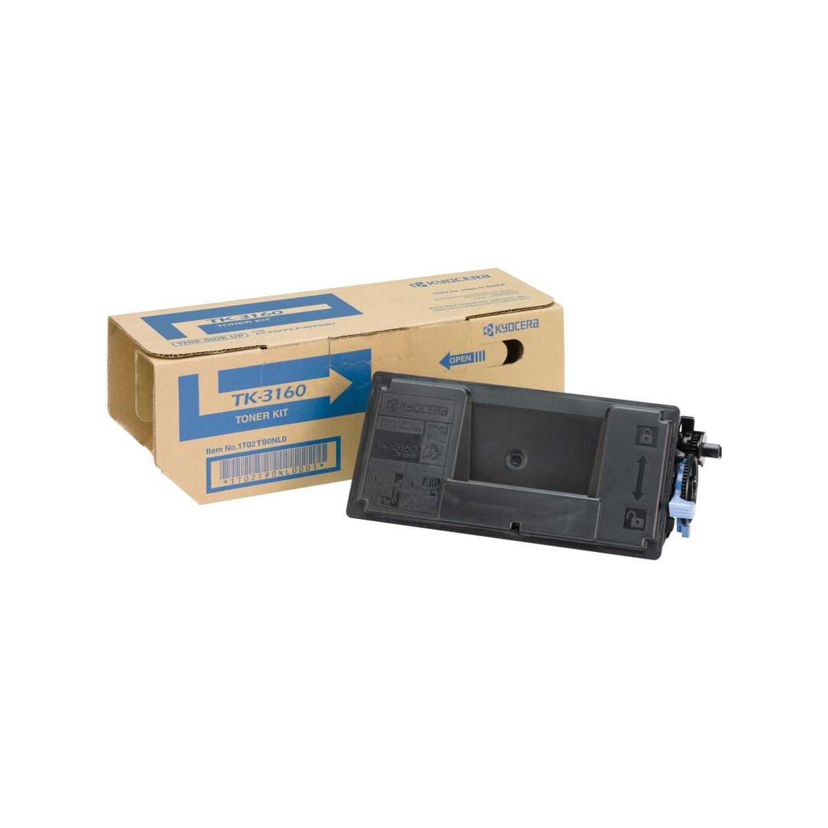 Kyocera TK-3160 Tonerkartusche neben geöffneter Pappverpackung.