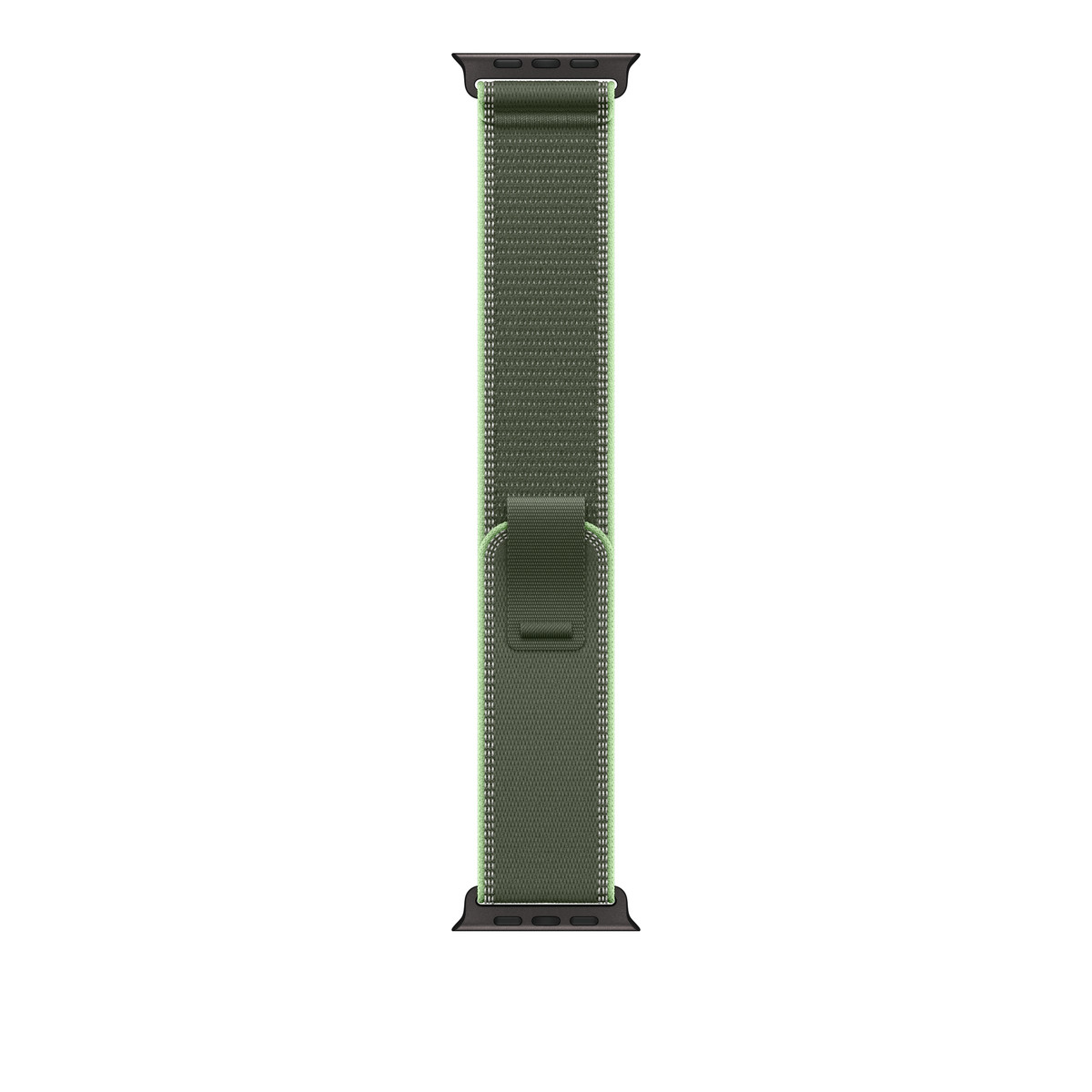 Un cinturino Apple Watch in tessuto verde con chiusura a strappo.