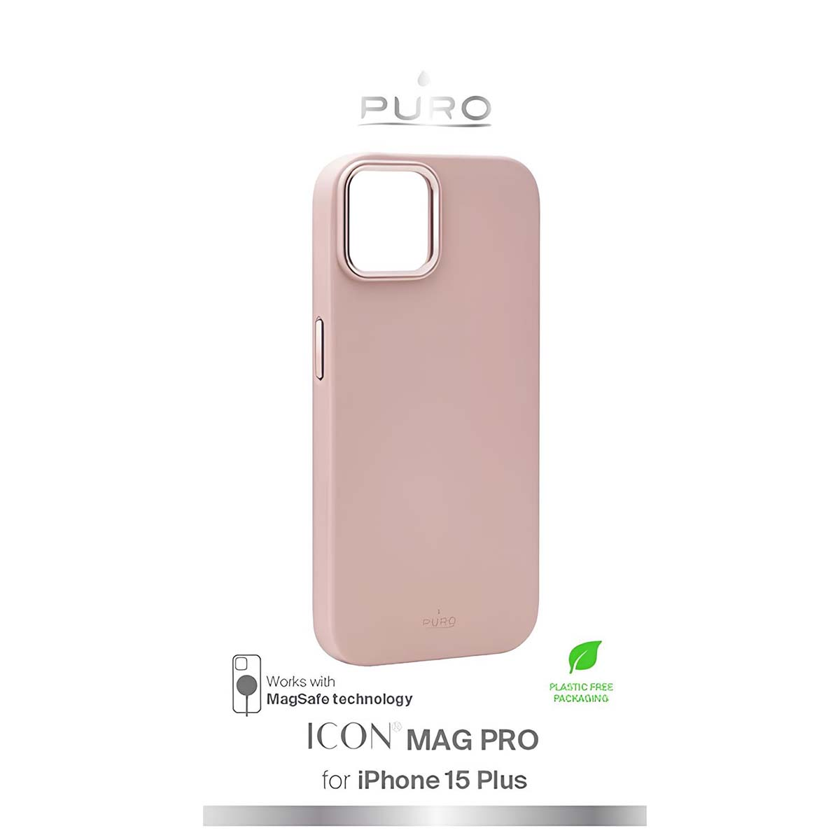 Custodia rosa Puro MagSafe per iPhone 15 Plus, con confezione senza plastica.