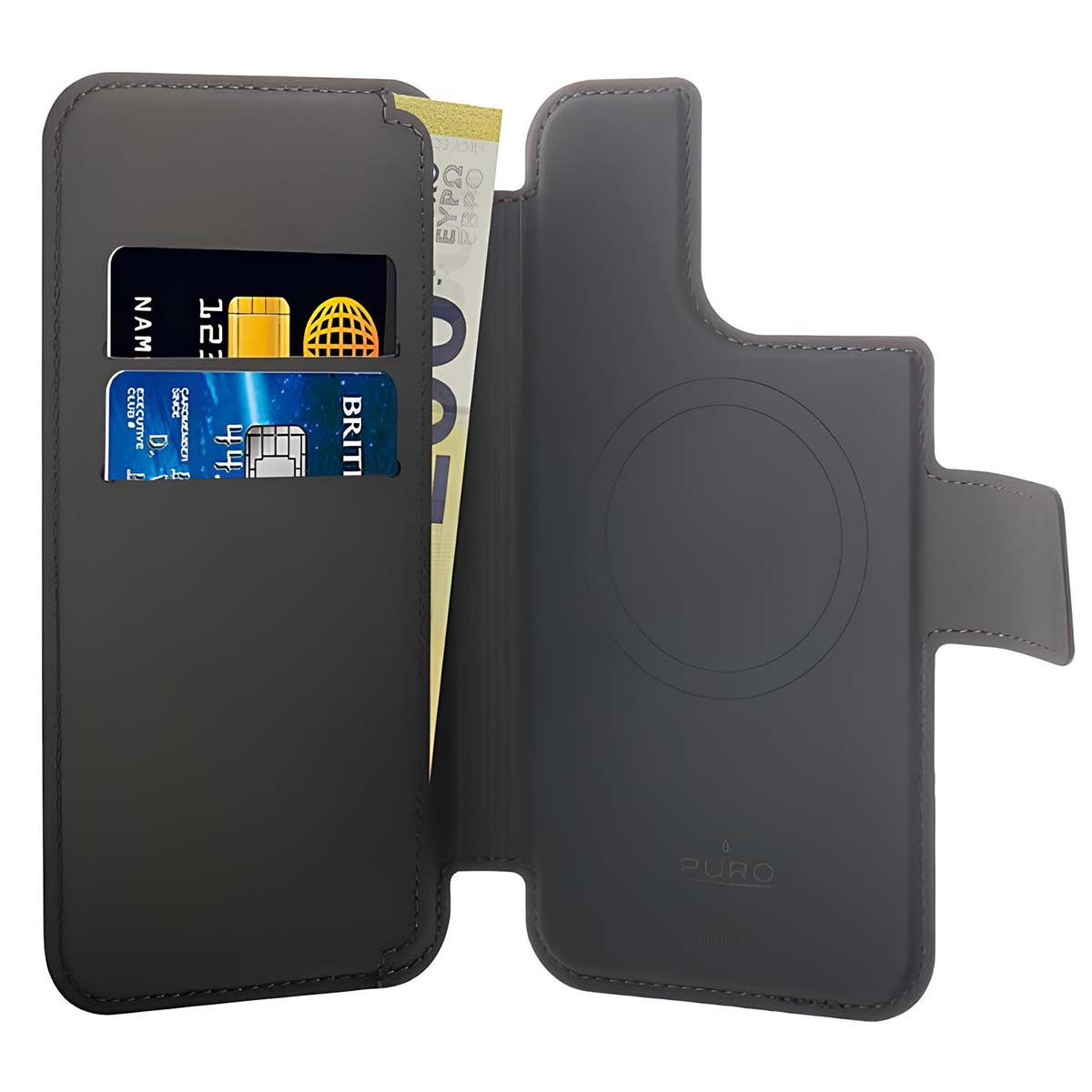 Custodia a libro grigio scuro con slot per carte e tasca per contanti. Interno con area di ricarica.