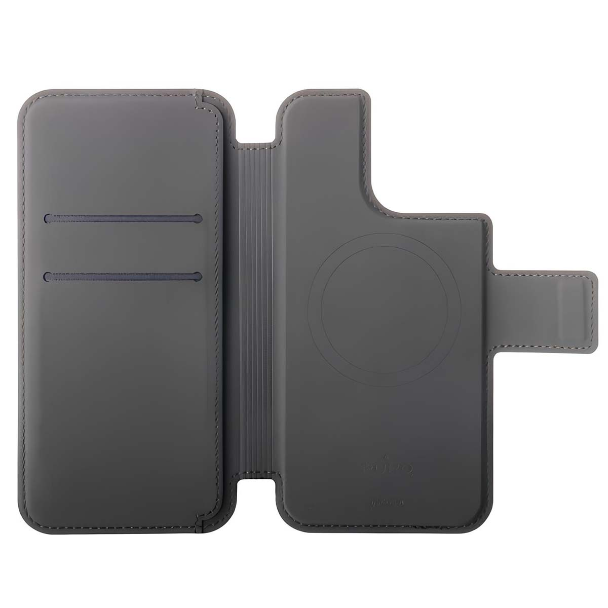 Custodia grigia a libro per telefono con slot per carte e chiusura magnetica.