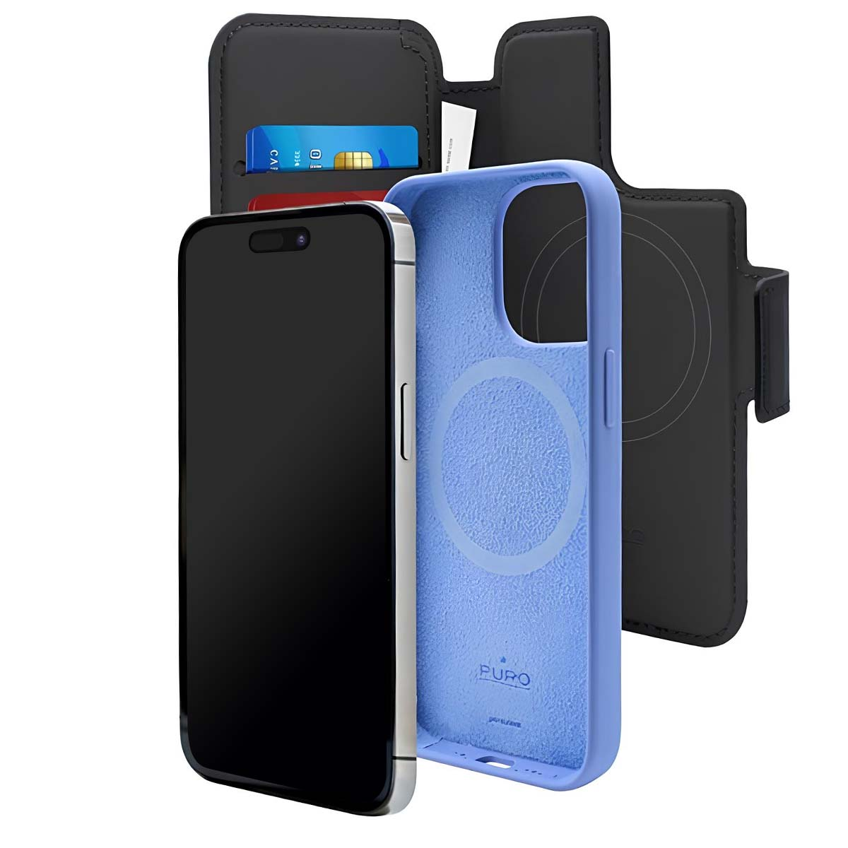 Uno smartphone con una custodia in pelle nera aperta e una cover blu.