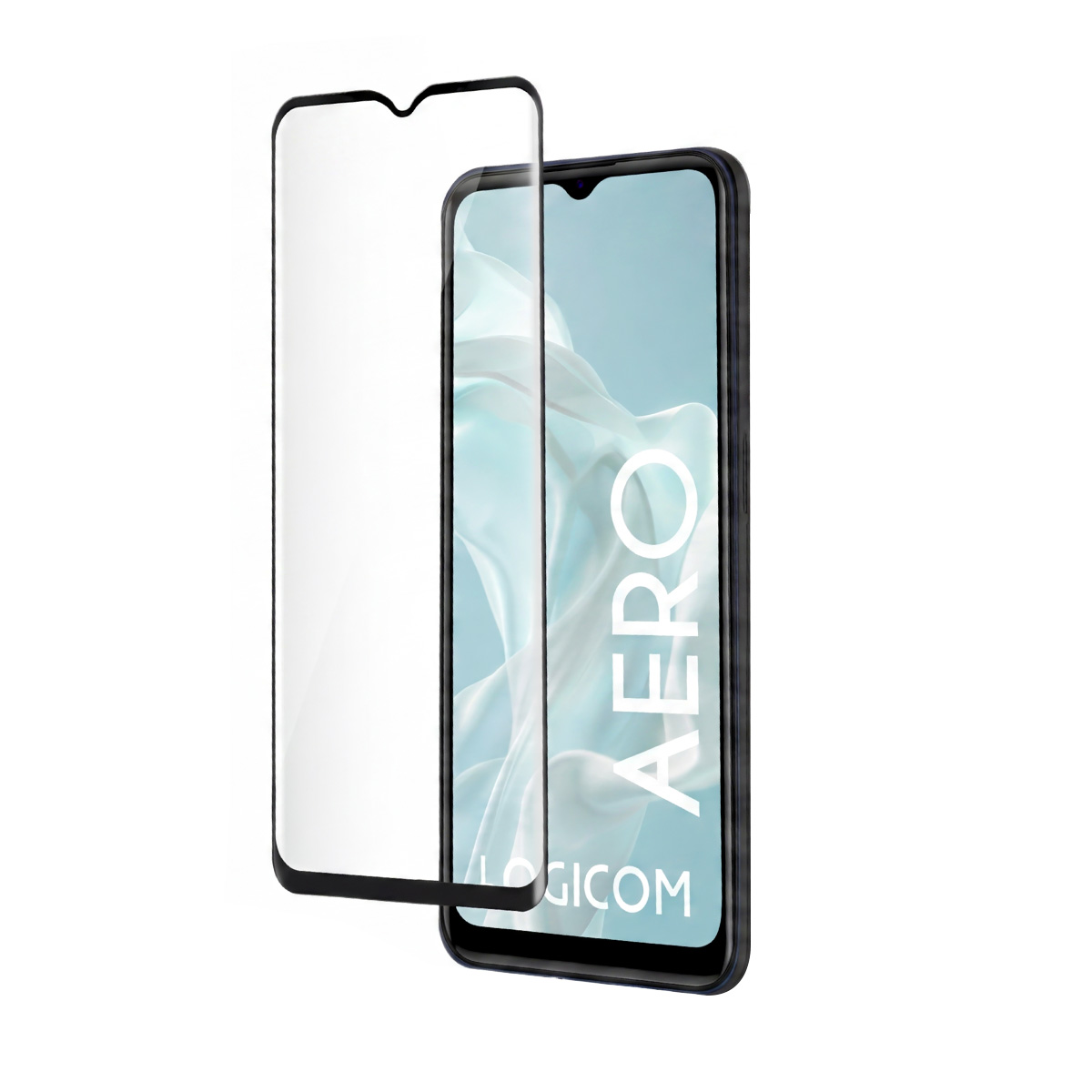 Ein Displayschutz vor einem Smartphone, das AERO LOGICOM anzeigt.