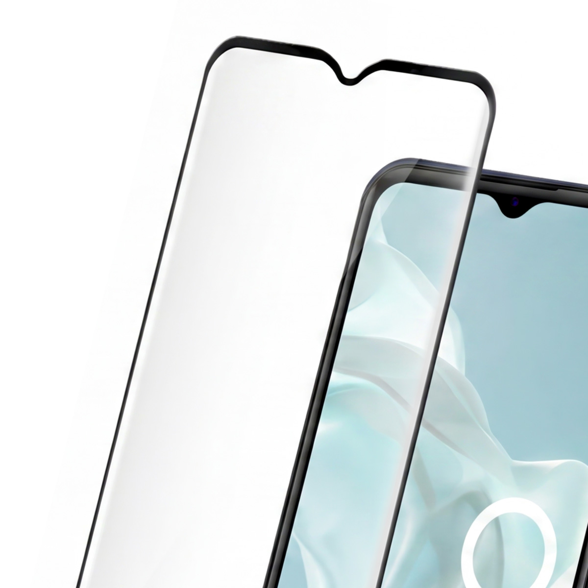 Ein Bildschirmschutz aus Glas mit schwarzen Rändern über einem Smartphone.