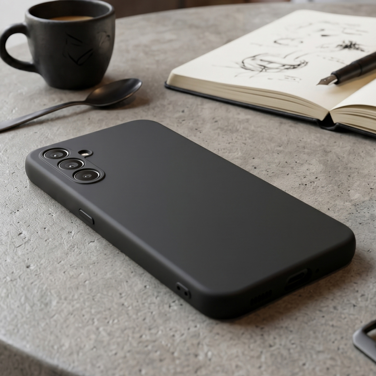 Schwarzes Smartphone mit Kamera auf einem Tisch neben einer Tasse Kaffee und einem Notizbuch.