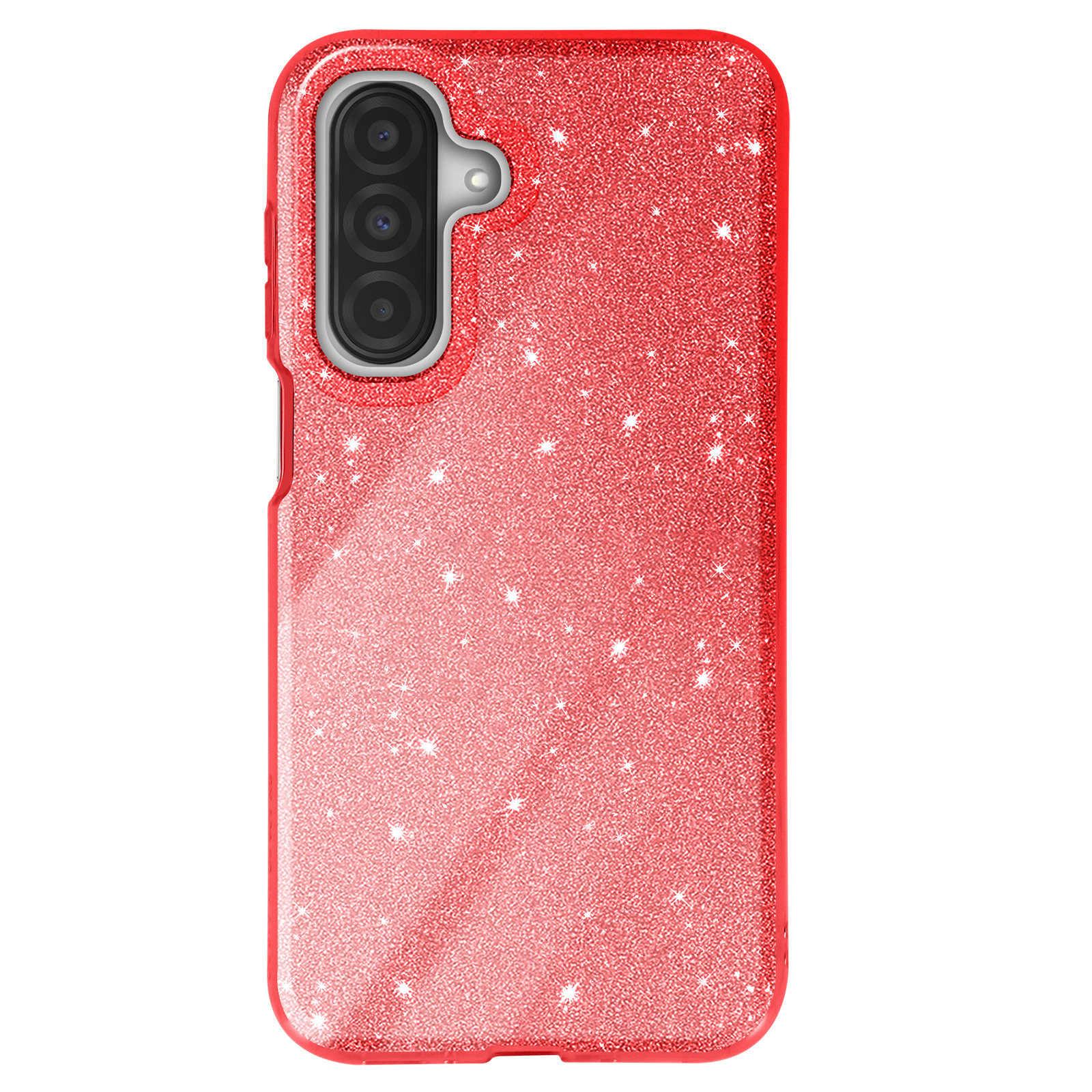Cover rossa glitterata per telefono con tre lenti.