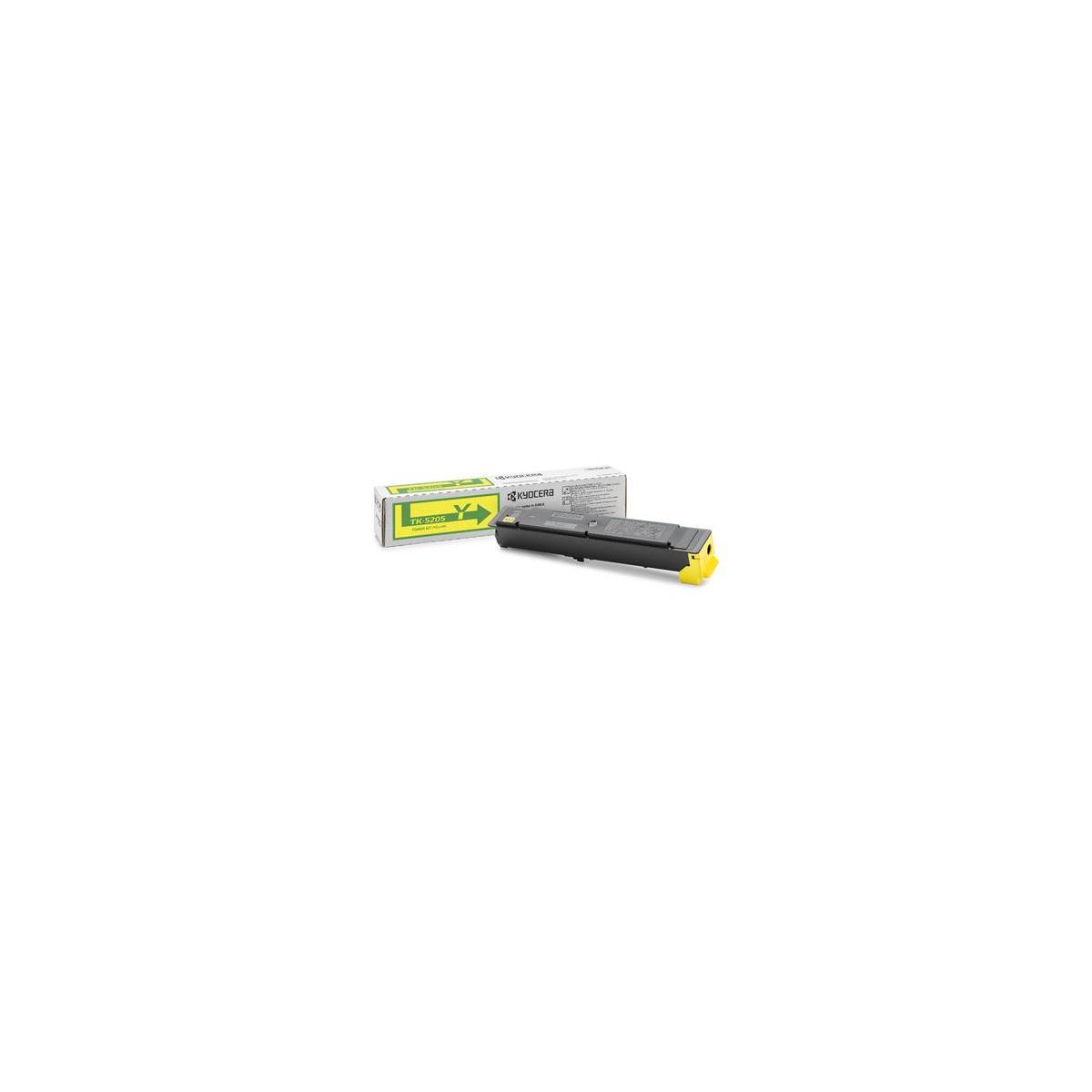 Ein gelber Kyocera TK-5205 Toner für Drucker, mit Verpackung.