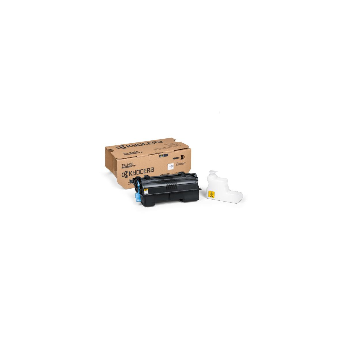 Kyocera tonercartridge TK-3430, doos en witte vloeistofcontainer met waarschuwingssymbolen.
