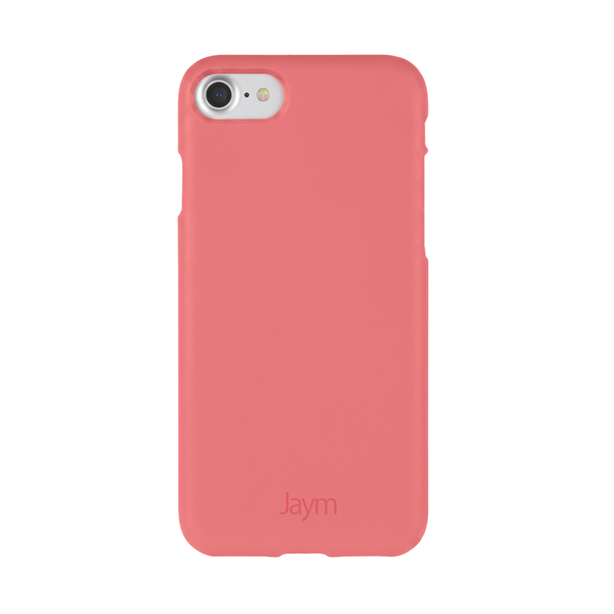 Una cover per telefono rosa corallo con ritaglio fotocamera e logo 'Jaym' sul retro.