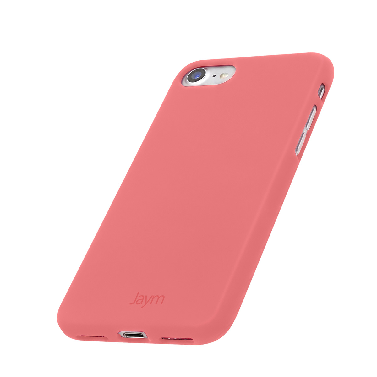 Una cover corallo per telefono con logo "Jaym", foro fotocamera e porta di ricarica.