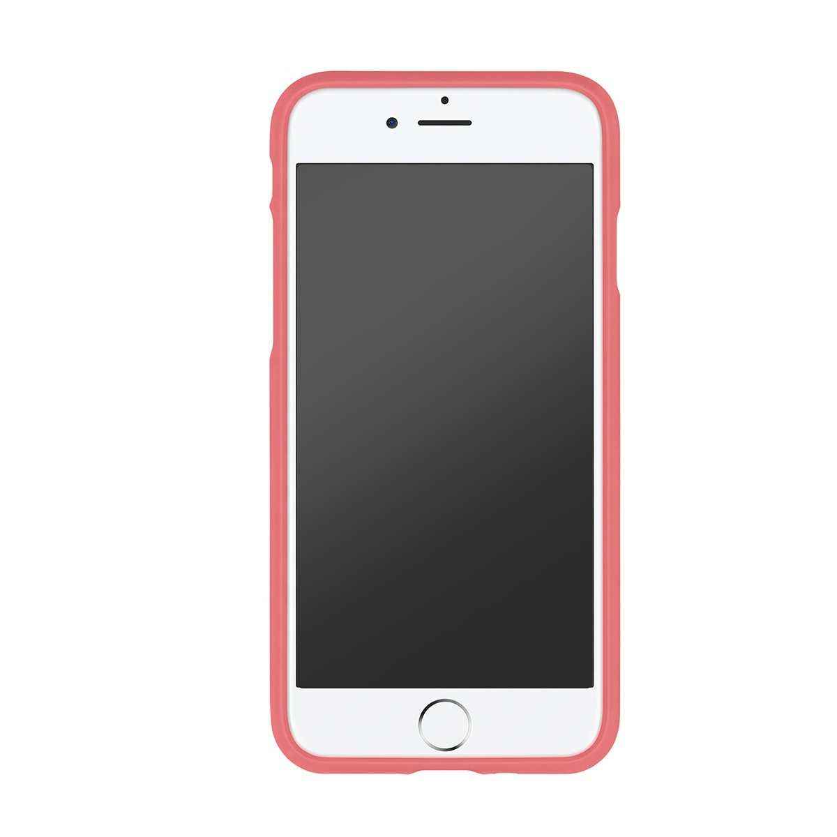 Uno smartphone bianco con custodia rosso corallo e schermo nero.