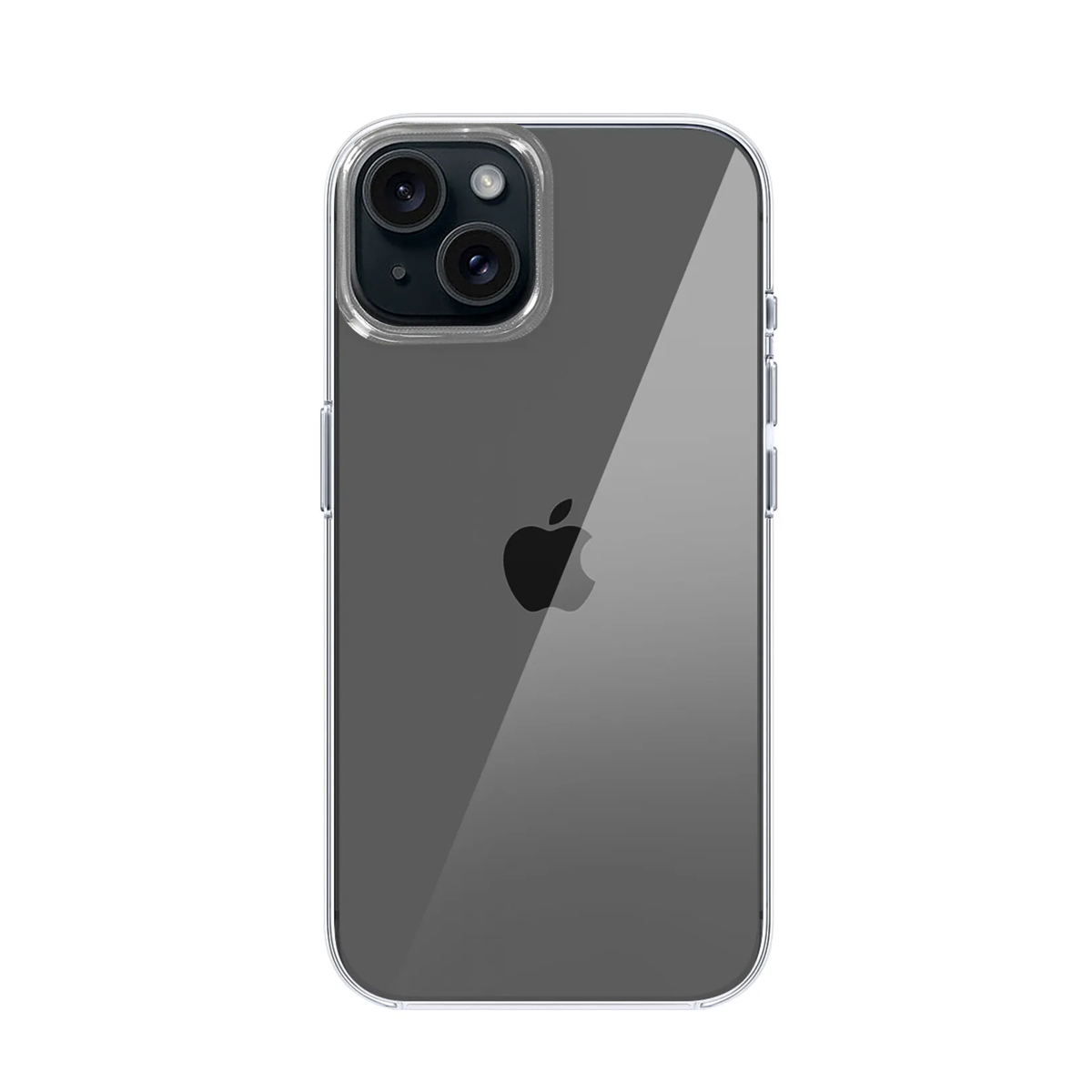 Una cover trasparente per iPhone con doppia fotocamera e logo Apple.