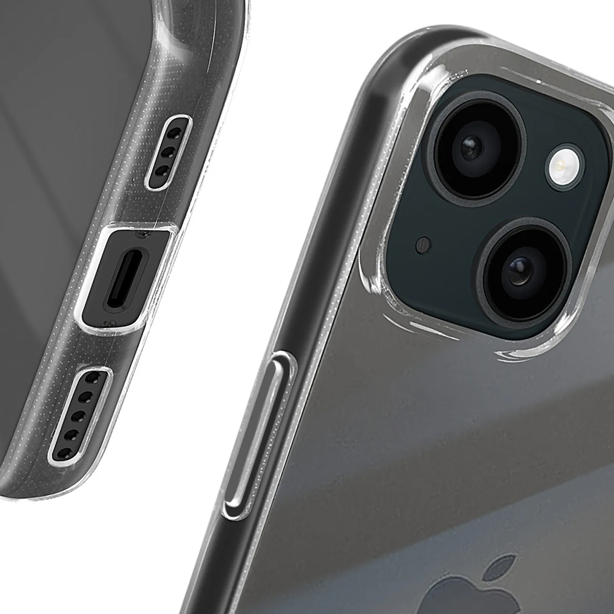Custodia trasparente per telefono con dettagli fotocamera, altoparlanti e porta.