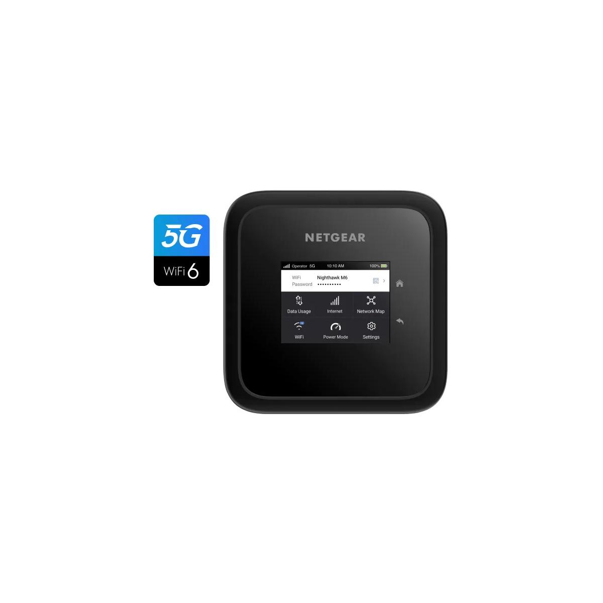 Un hotspot Netgear Nighthawk M6 5G WiFi 6 negro con pantalla táctil.