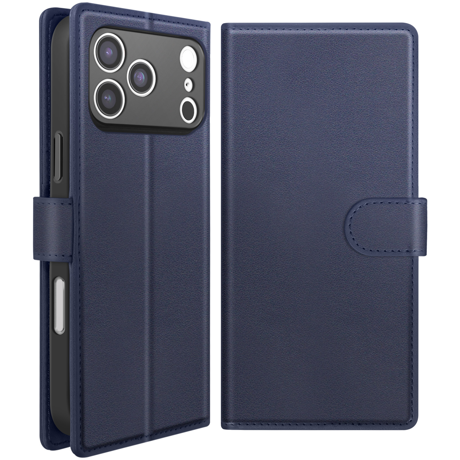 Donkerblauwe portemonnee-stijl telefoonhoes met camera-uitsparing en magneetsluiting.