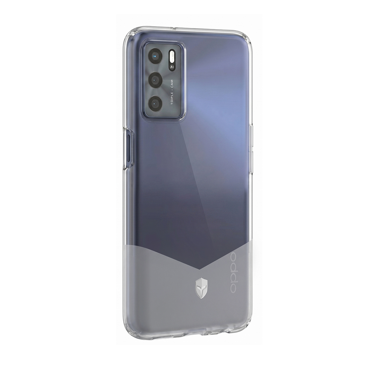 Custodia trasparente per telefono con tripla fotocamera e logo OPPO.