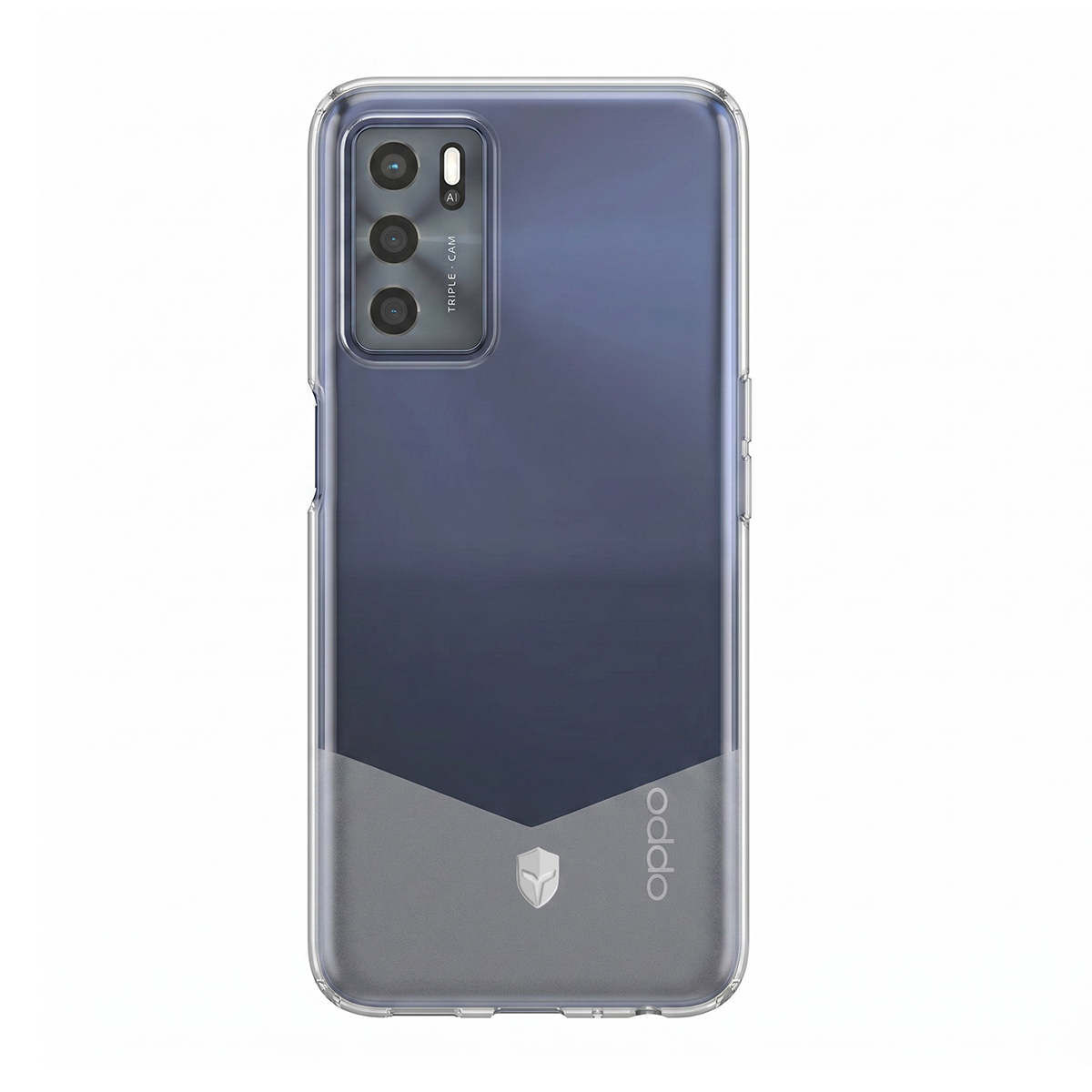 Custodia trasparente per telefono con tripla fotocamera e logo Oppo.