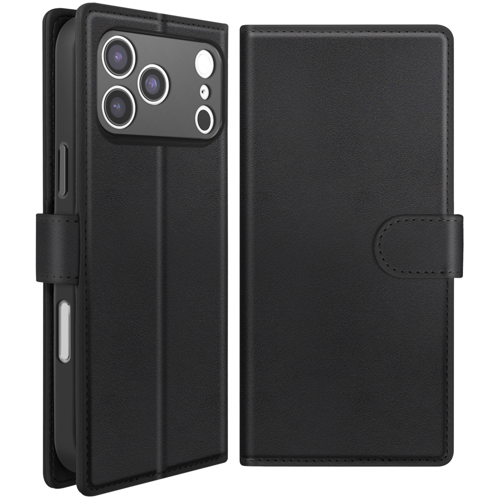 Étui portefeuille en cuir noir pour smartphone avec plusieurs caméras.