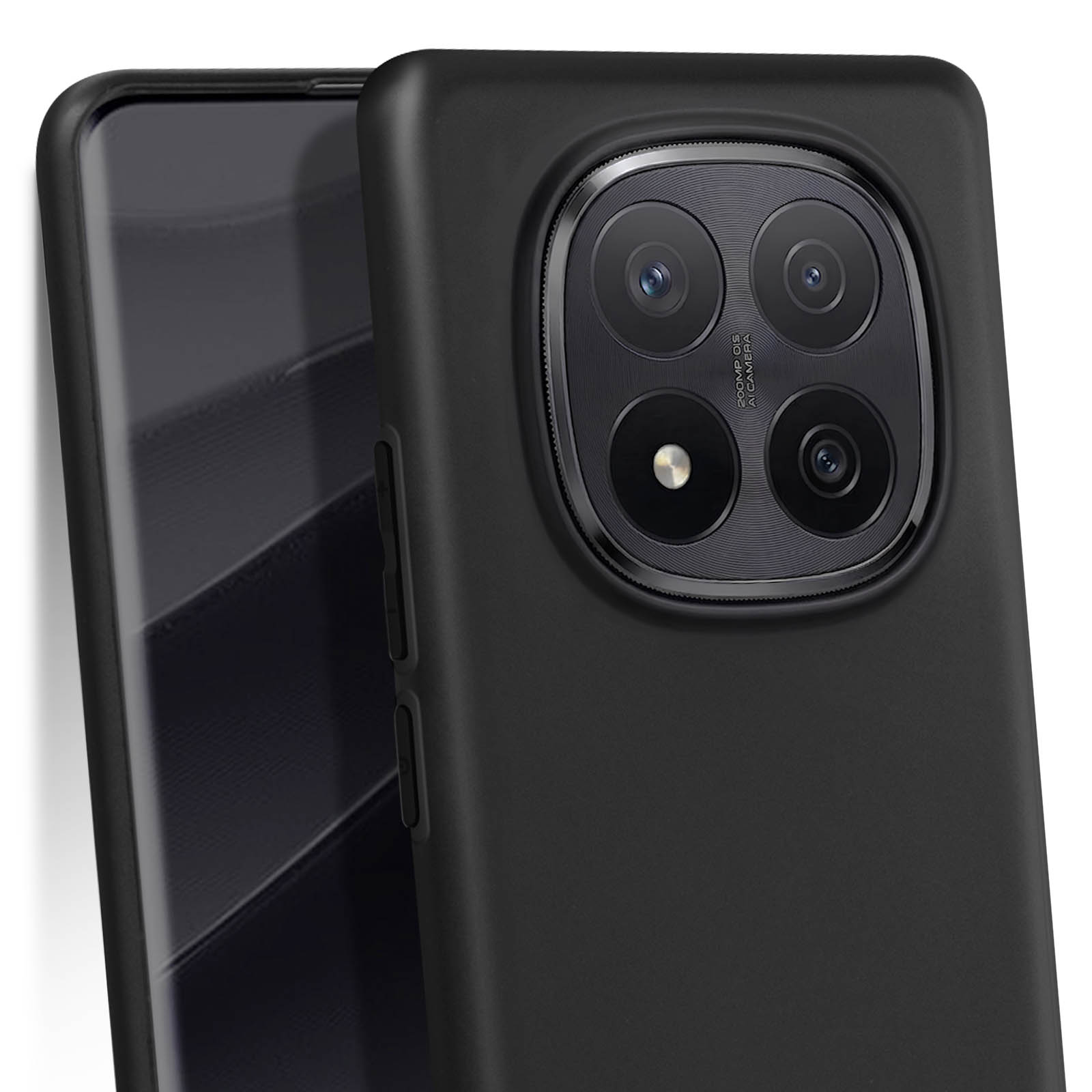 Smartphone nero con fotocamera quadrupla, lente centrale a fuoco.