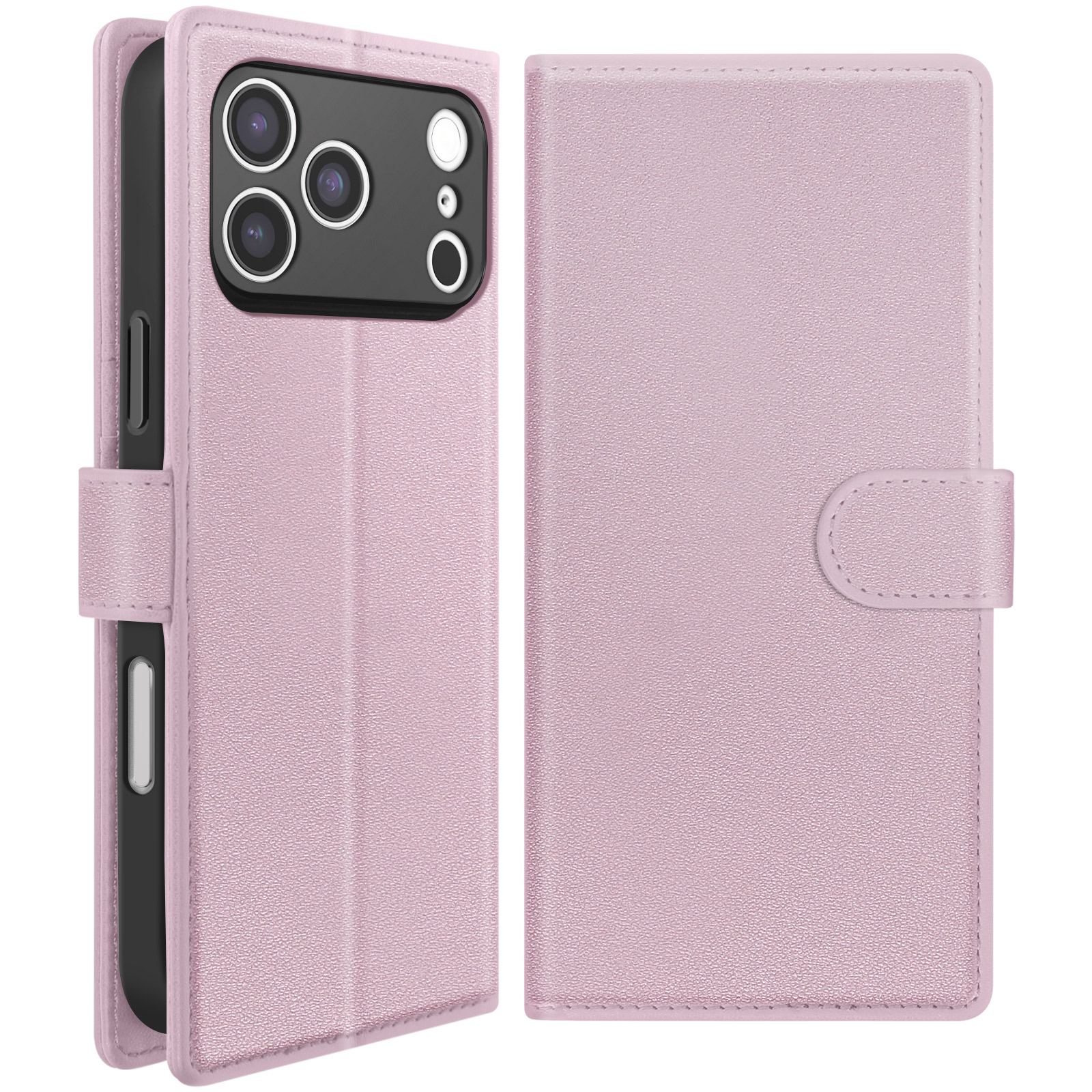 Una custodia rosa per telefono che mostra il fronte aperto e i dettagli della lente.