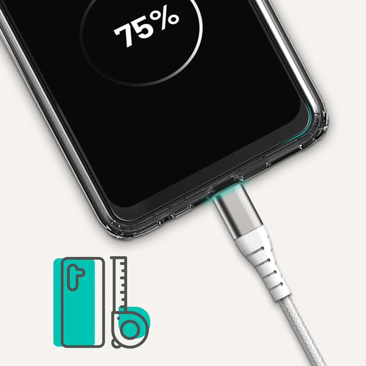 Uno smartphone è in carica, mostra il 75% della batteria, accanto a un'icona di telefono e metro.