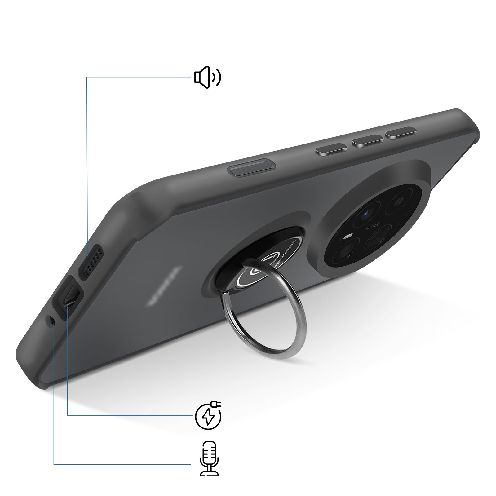 Grijze telefoonhoes met ringhouder, laad- en microfooniconen.