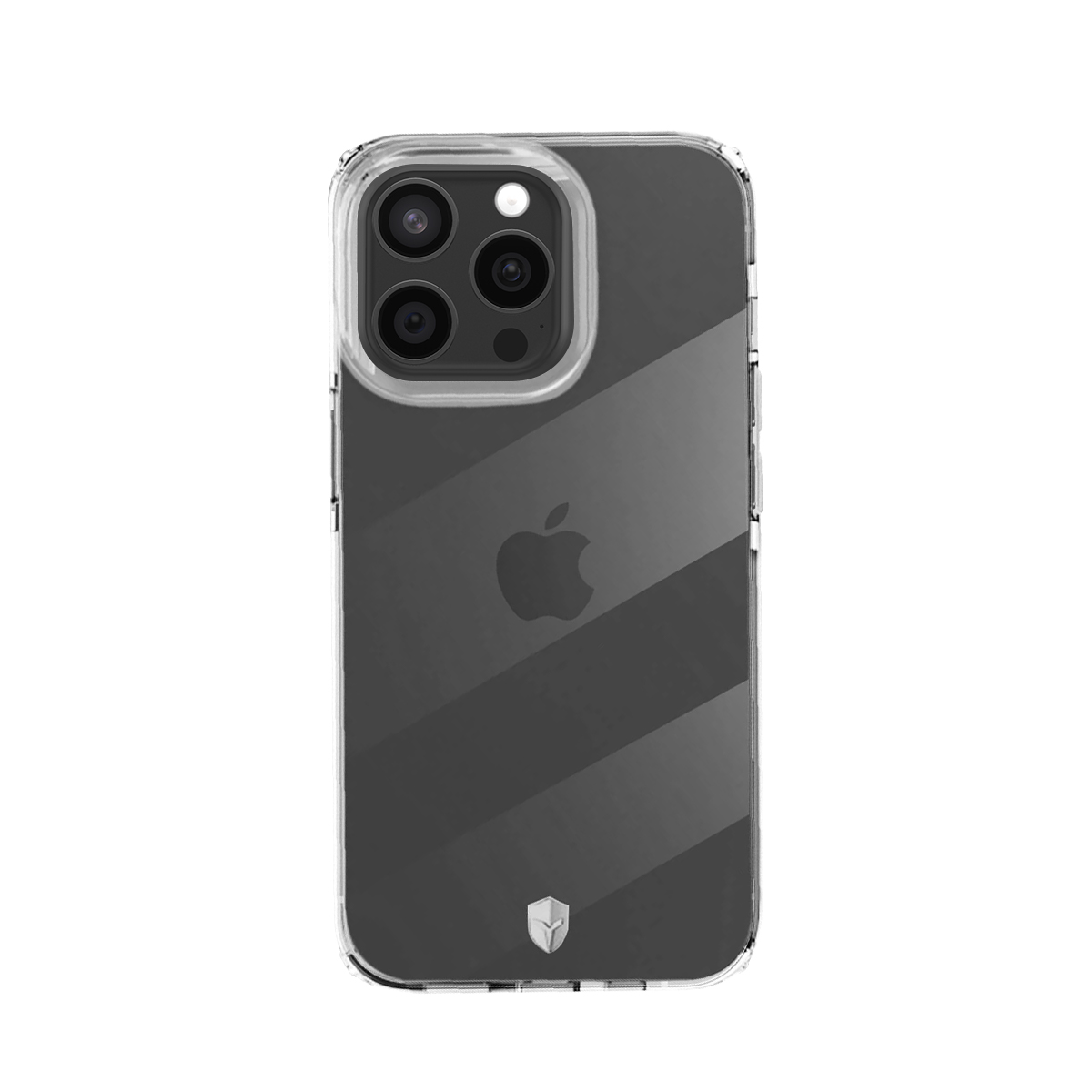 Cover trasparente a righe diagonali con logo Apple su bianco.