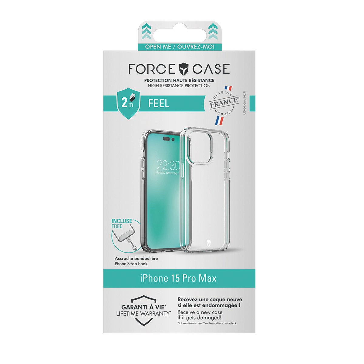Custodia Force Case per iPhone 15 Pro Max, protezione 2m, garanzia a vita, gancio incluso.