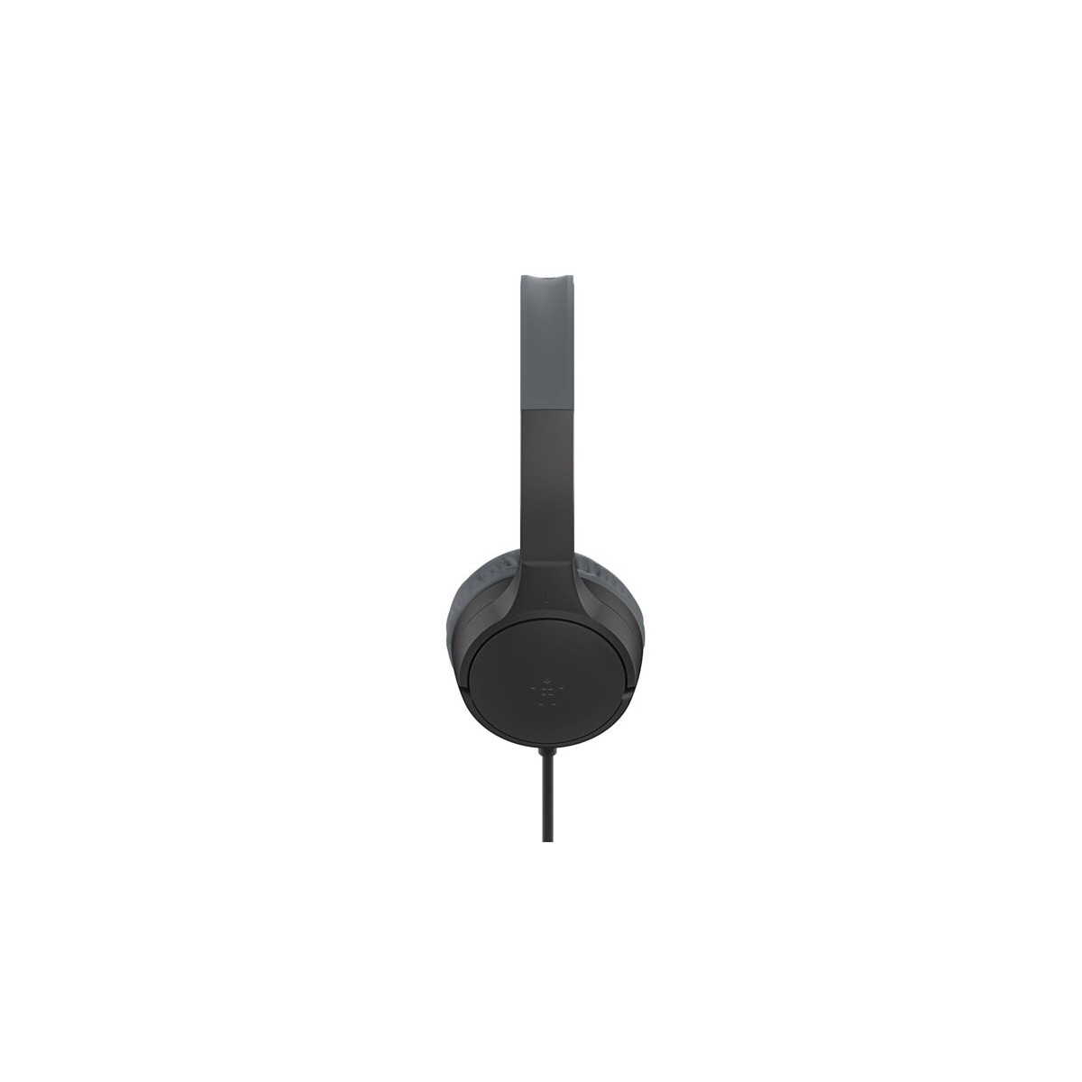 Black headphones with a headband and cord, displayed on a white background.