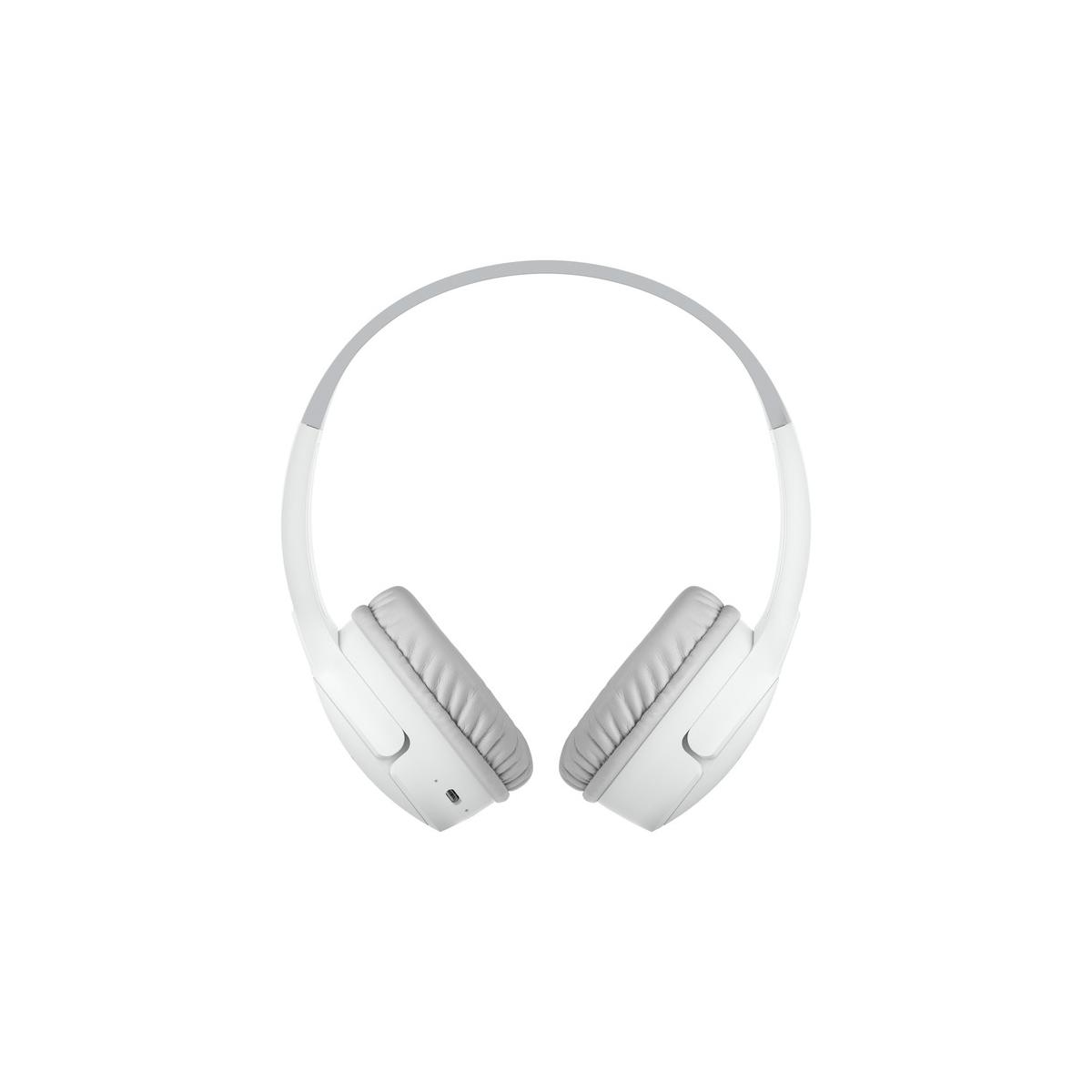 White headphones with gray headband and earcups on a white background.