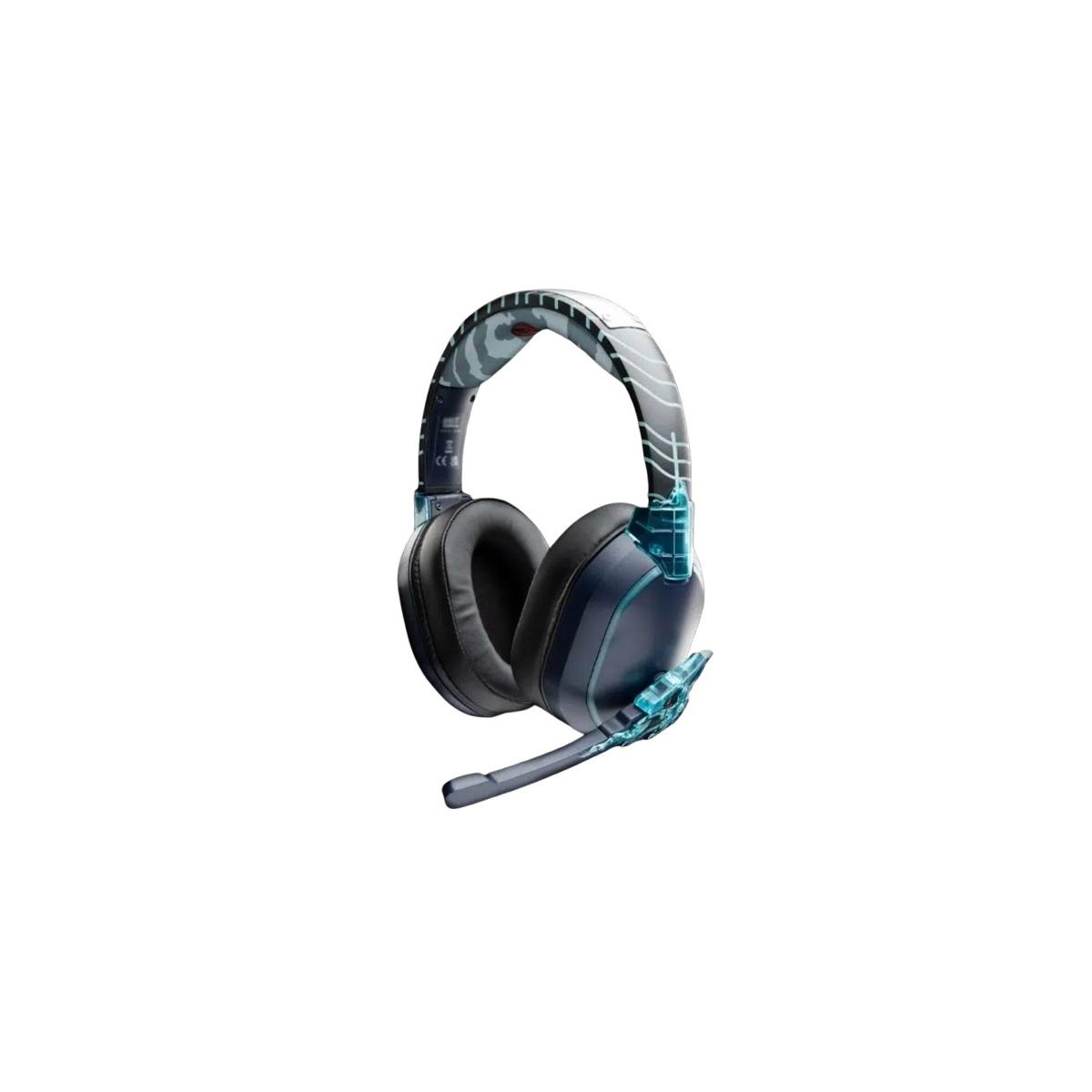 Cuffie blu scuro con microfono blu e fascia fantasia.