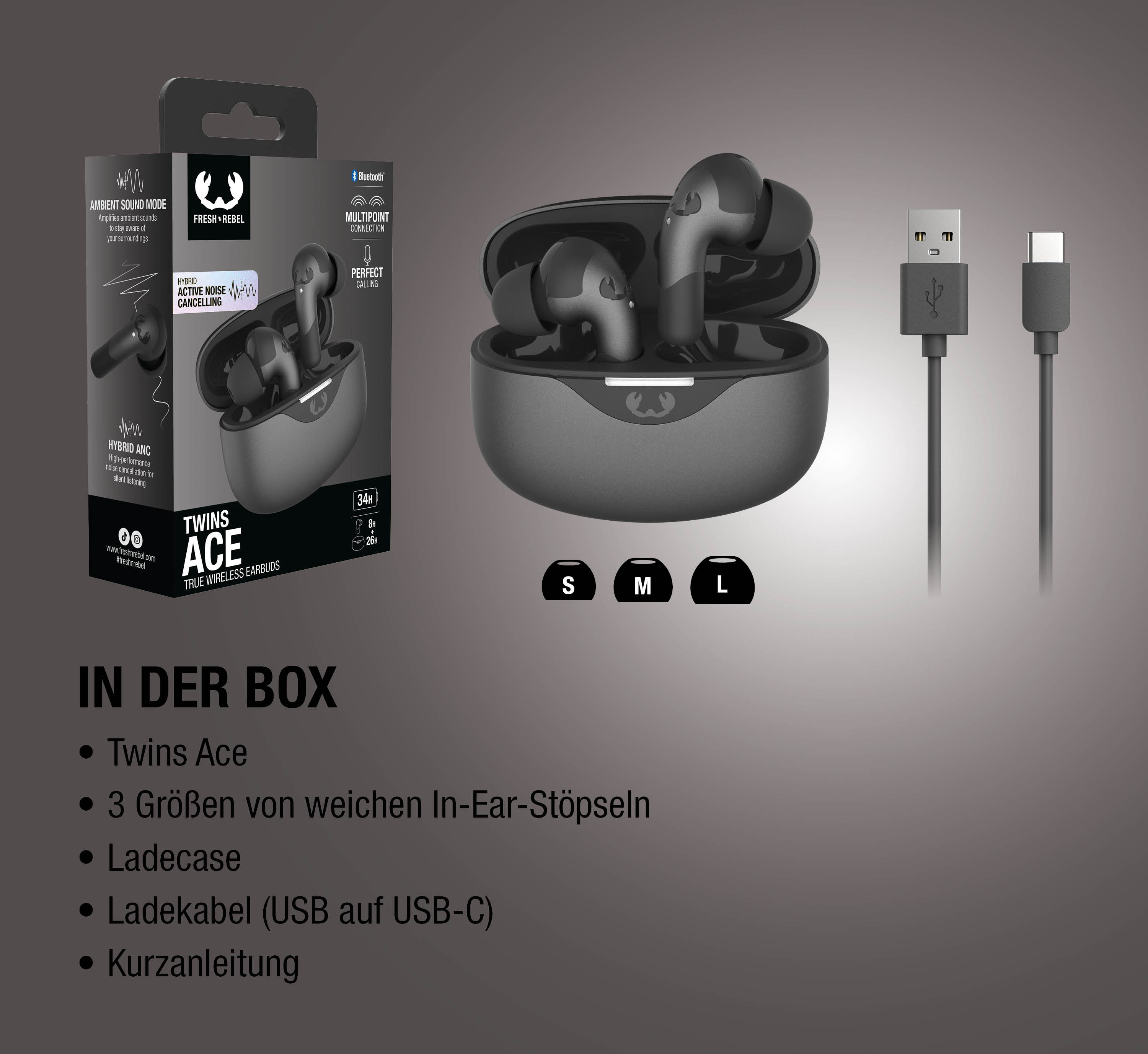 Schwarze kabellose Kopfhörer mit Ladecase und Kabel. Verpackung zeigt Merkmale.