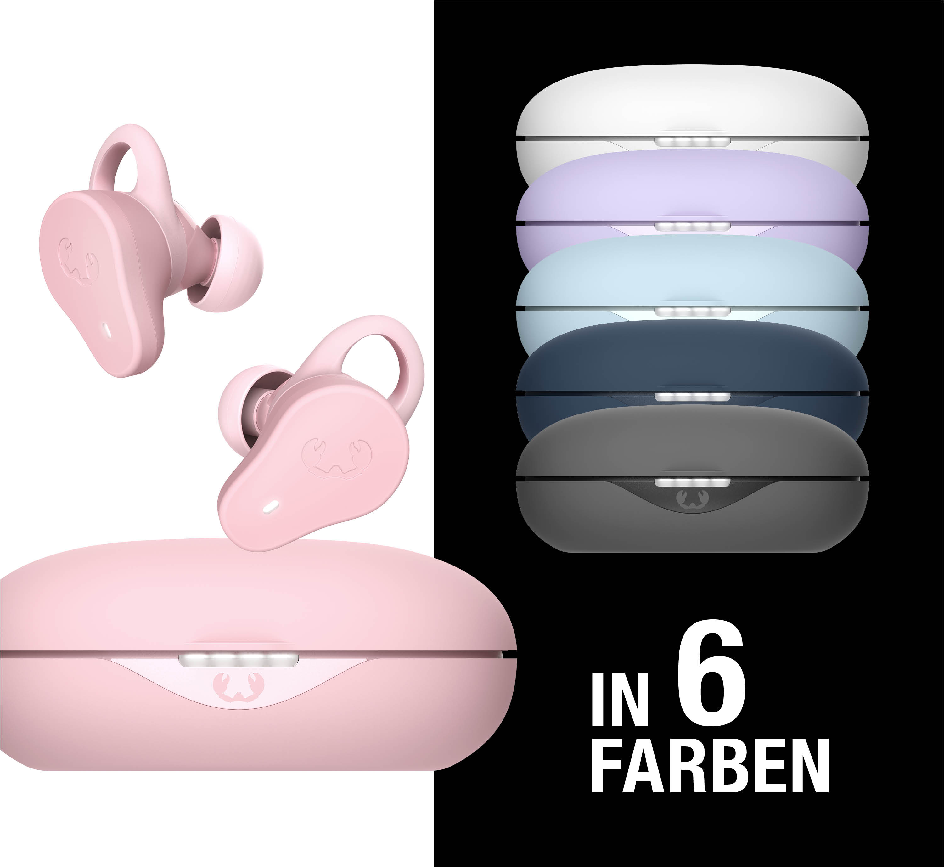 Ein rosa Ladecase mit zwei Ohrhörern und fünf weiteren Ladecases in verschiedenen Farben.
