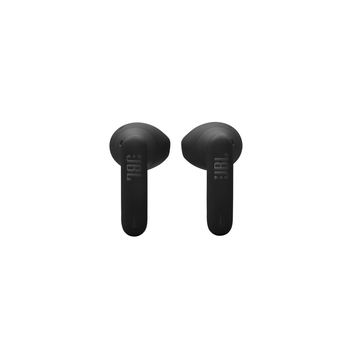 Dos auriculares JBL negros están uno al lado del otro sobre fondo blanco.