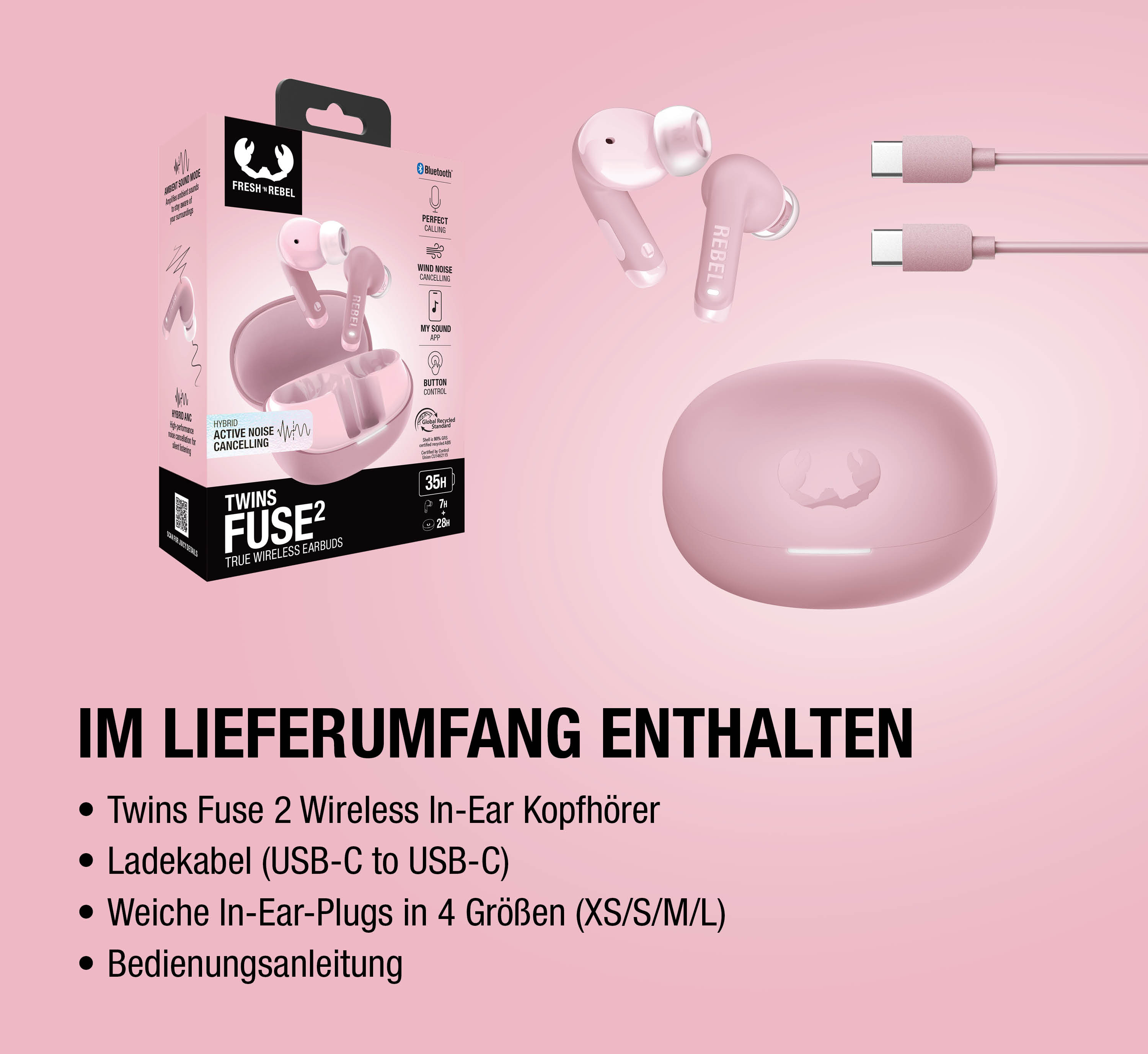 Rosa Fresh 'n Rebel Twins Fuse 2 Ohrhörer mit Ladecase und Kabeln auf rosa Hintergrund.
